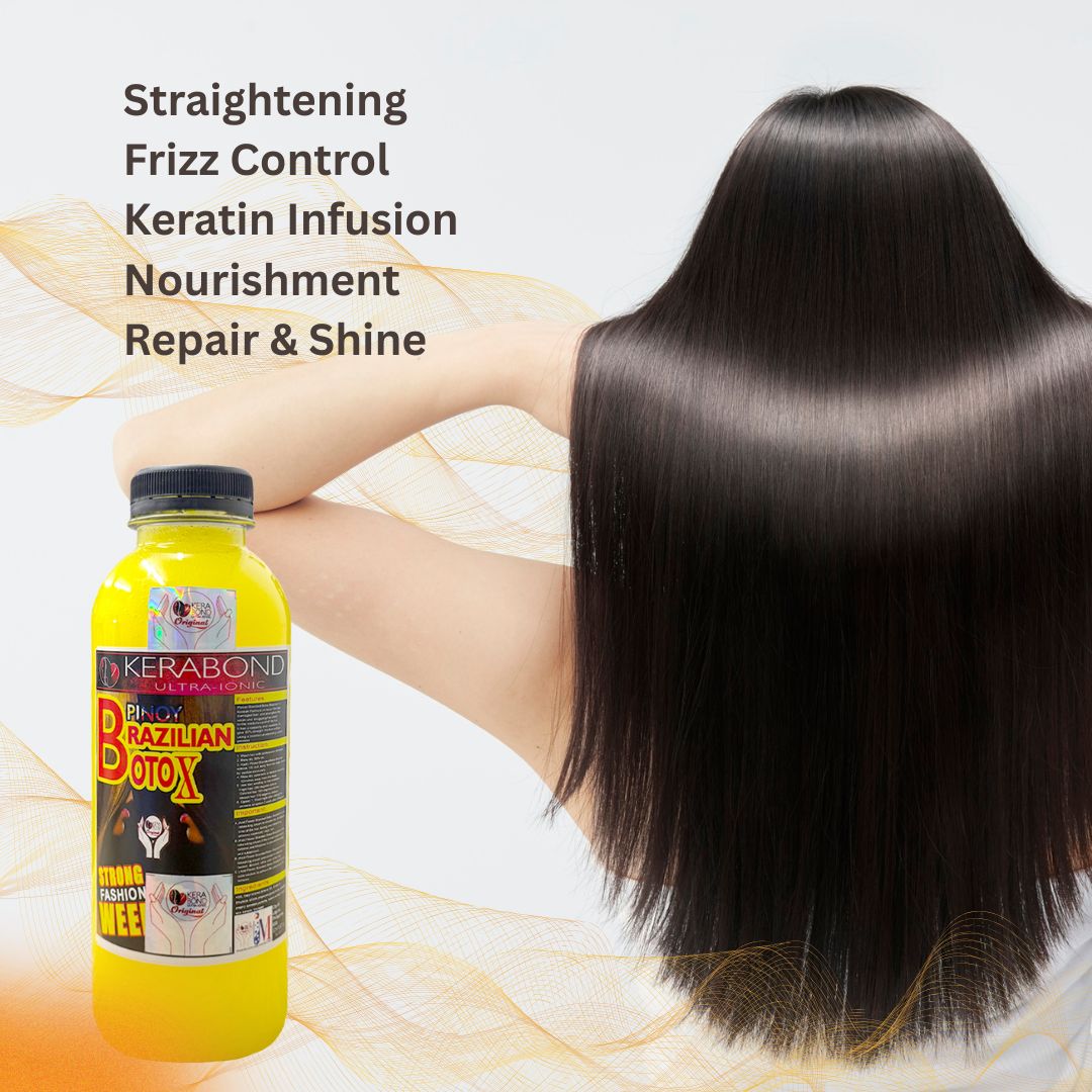 Kerabond Ultra Ionic Brazilian Botox 500ml bottle with a person displaying straight hair on a light background