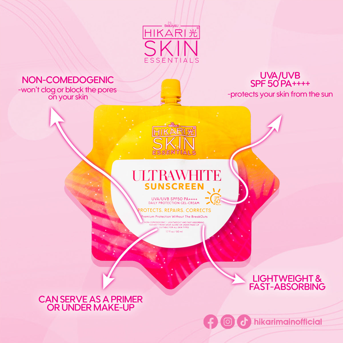 Beauty&U Hikari Skin Essentials Ultrawhite Sunscreen SPF50 PA++++ 50ml benefits