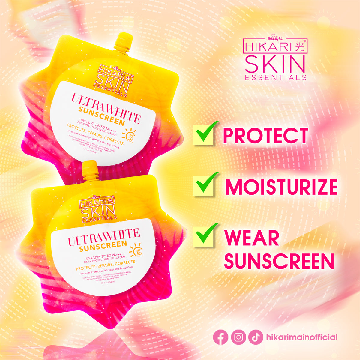 Beauty&U Hikari Skin Essentials Ultrawhite Sunscreen SPF50 PA++++ 50ml benefits