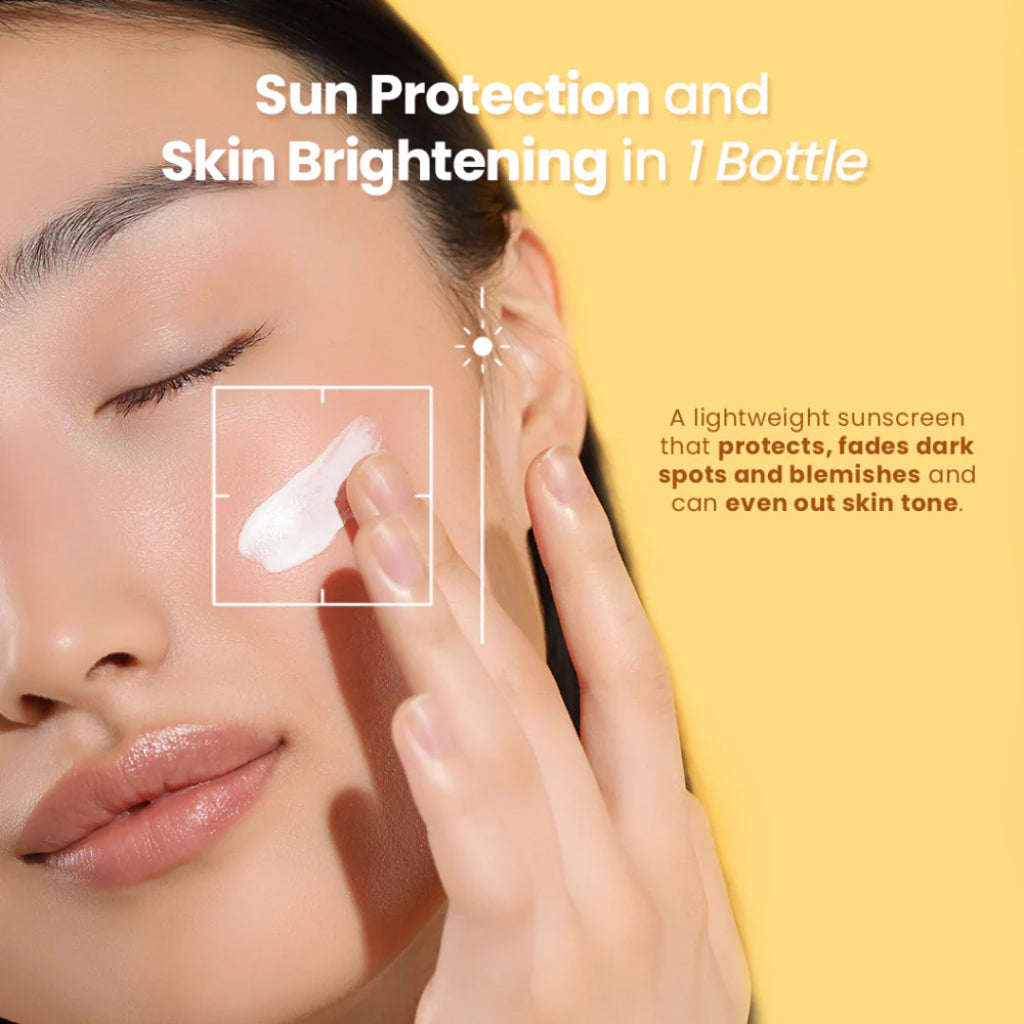 Woman applying Belo SunExpert Whitening Sunscreen SPF 50 to her face with text about sun protection and skin brightening.