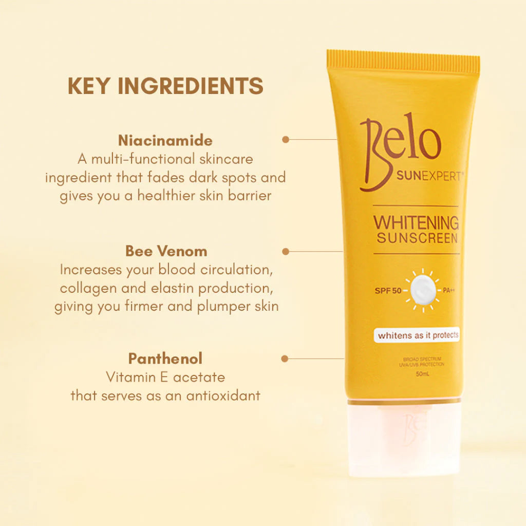 Belo SunExpert Whitening Sunscreen tube with key ingredients listed on a beige background