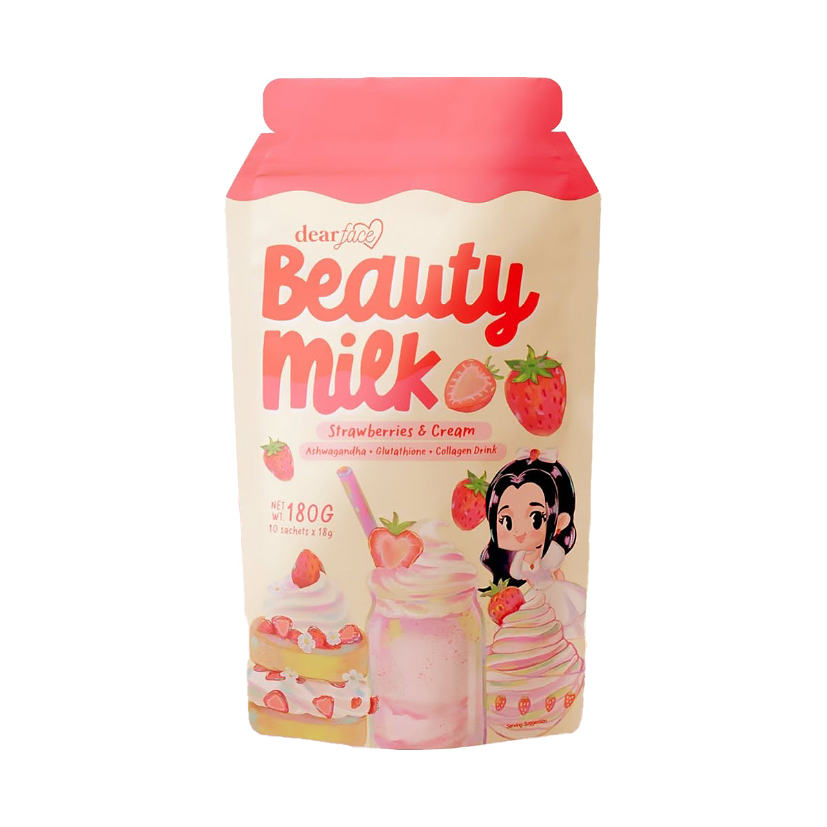 Dear Face Beauty Milk Strawberries & Cream packaging with strawberry design on a white background