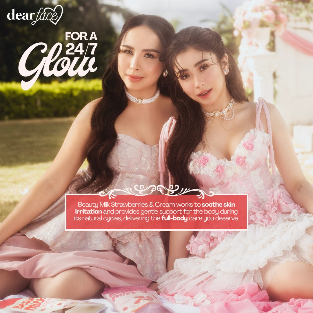 Two women in pink dresses sitting outdoors with 'dearface' advertisement text overlay.