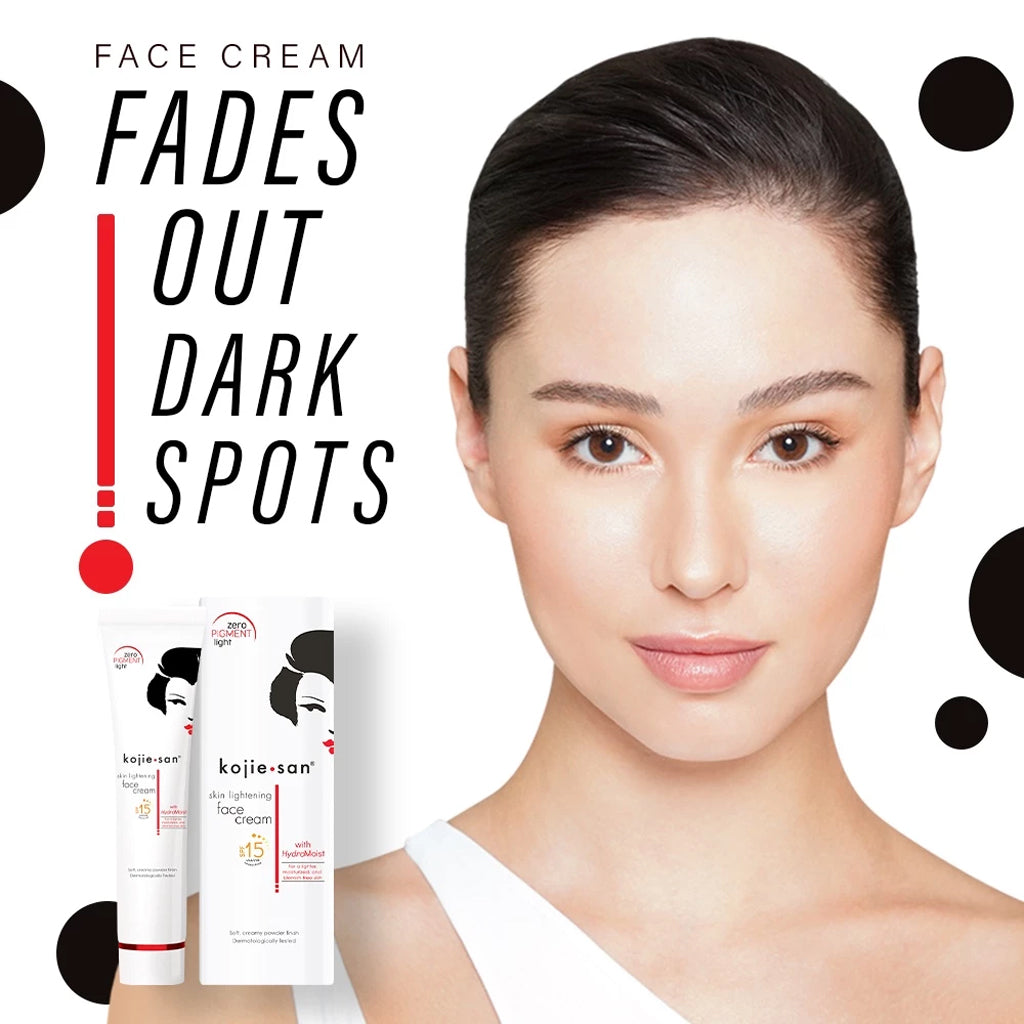 Advertisement for Kojie San face cream with a model's face and product packaging.