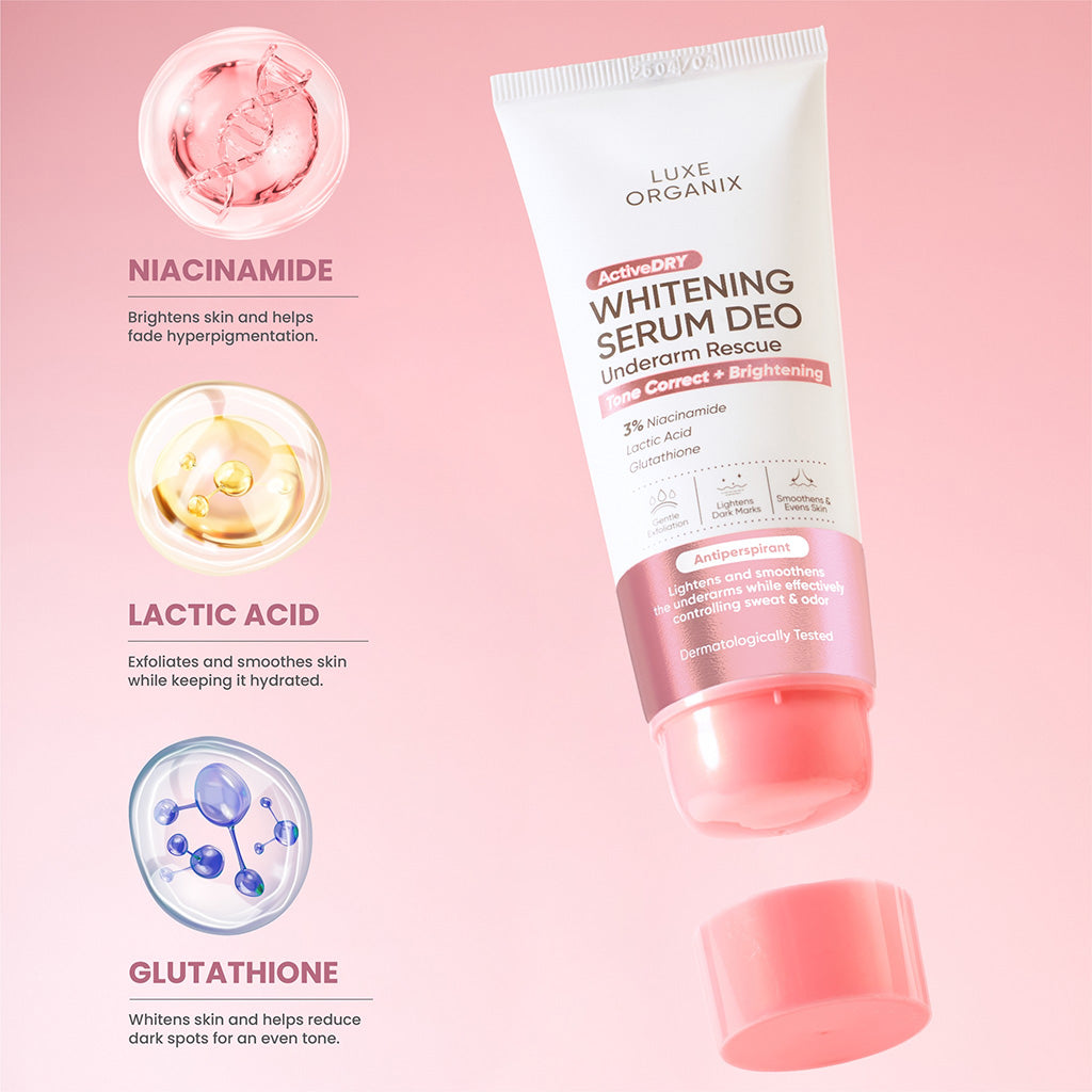 Luxe Organix whitening serum deo on a pink background with ingredients listed.