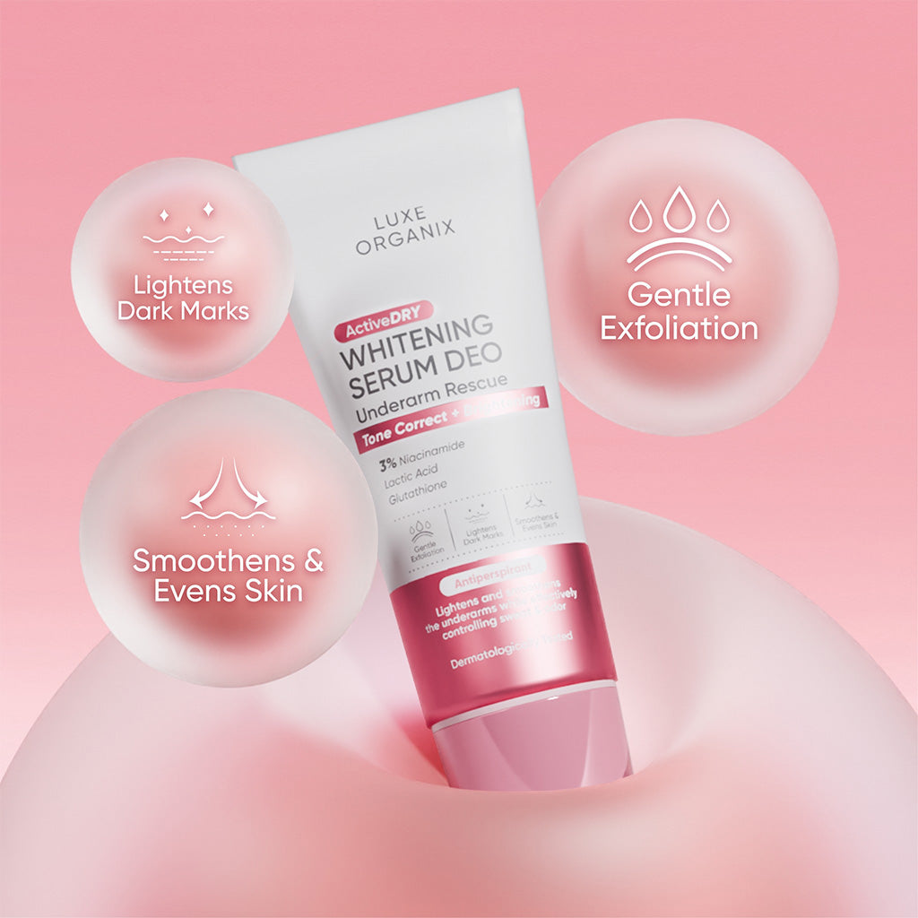 Luxe Organix Active Dry Whitening Serum Deo Underarm Rescue 50g with benefits on a pink background