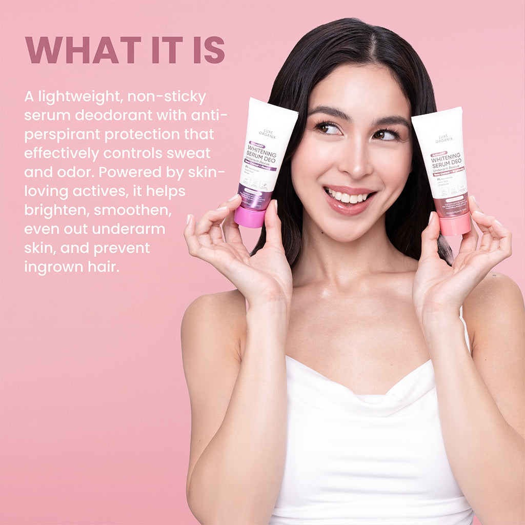 Woman holding two Luxe Organix Active Dry Whitening Serum Deo Underarm Rescue 50g with product description text on a pink background
