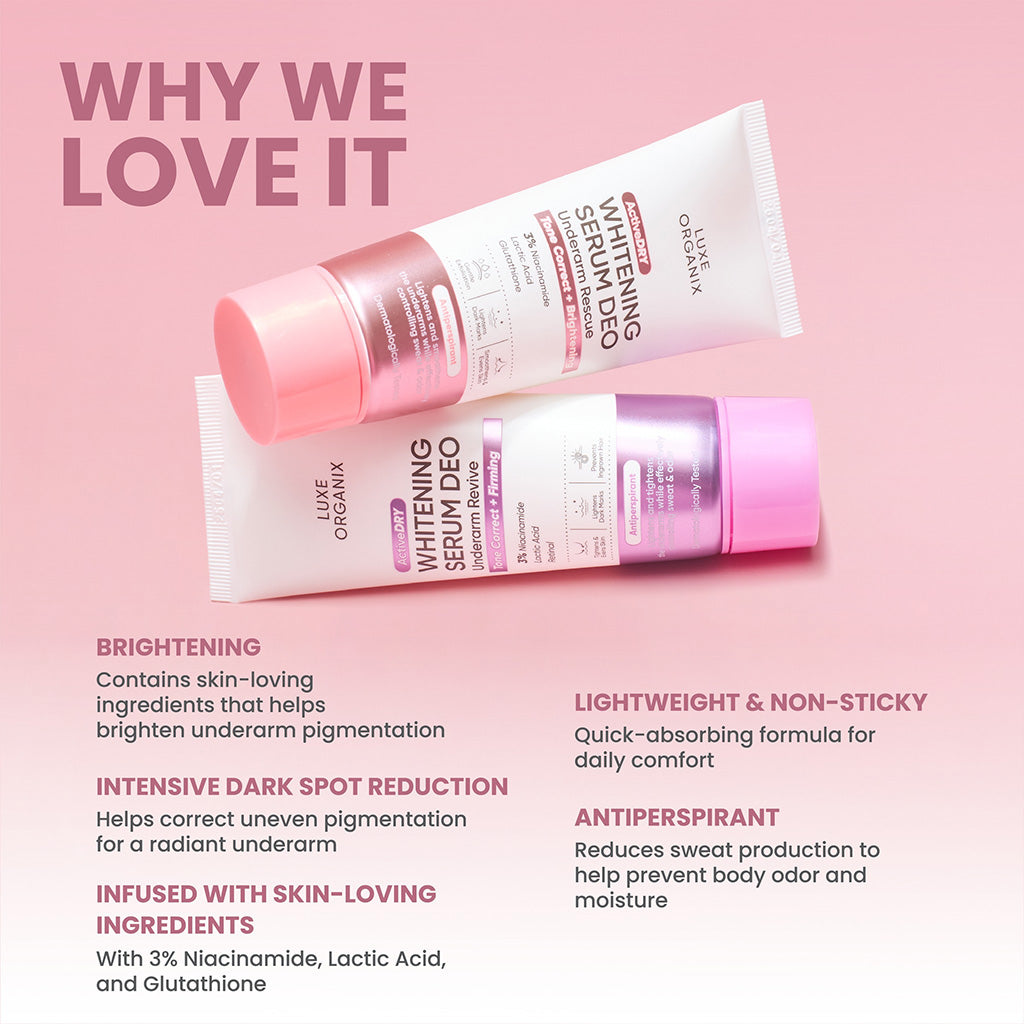 Two bottles of Luxe Organix Active Dry Whitening Serum Deo Underarm Rescue 50g on a pink background with text highlighting features.