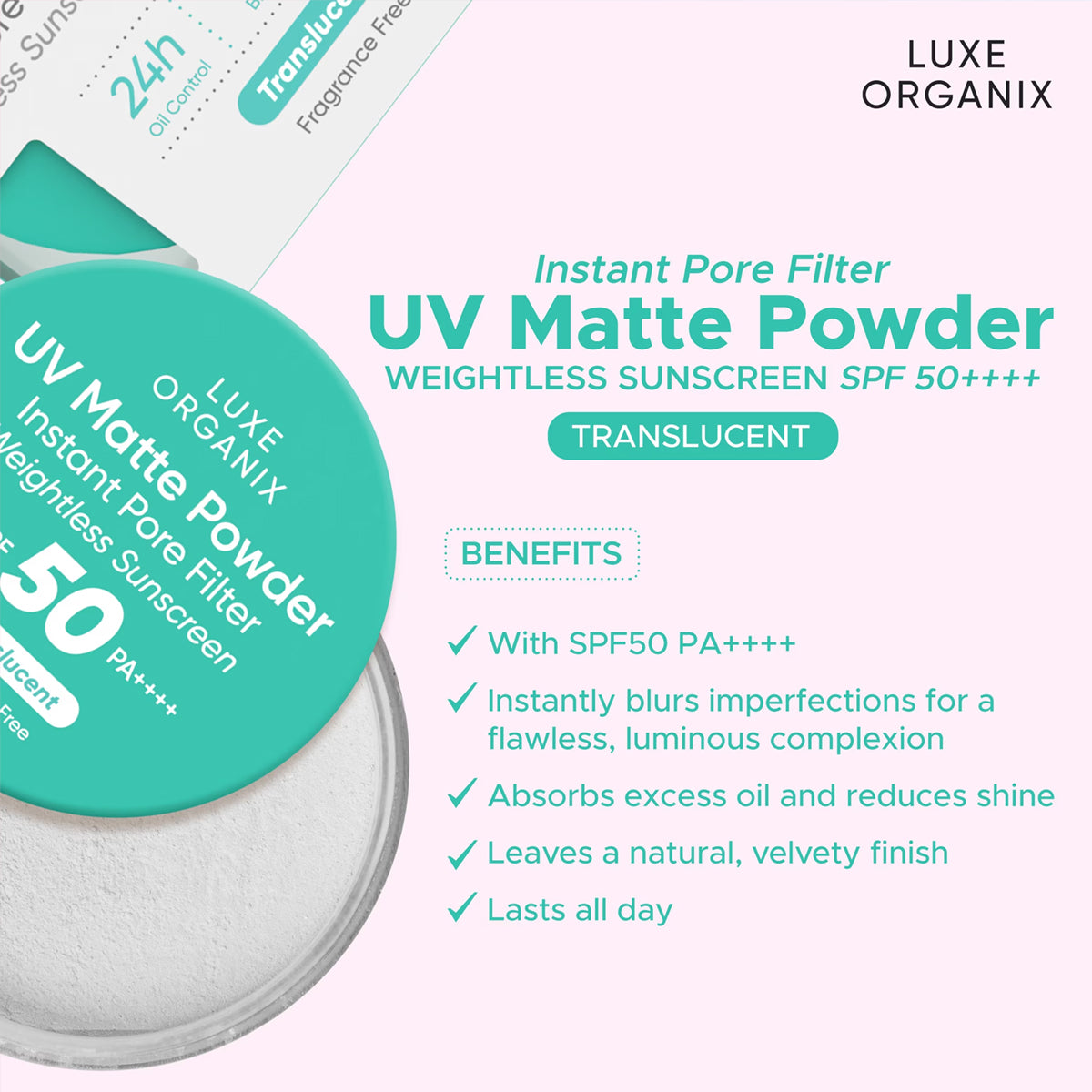 Luxe Organix 24H Zero Sebum Instant Pore Blurring Weightless Matte Powder Translucent - benefits