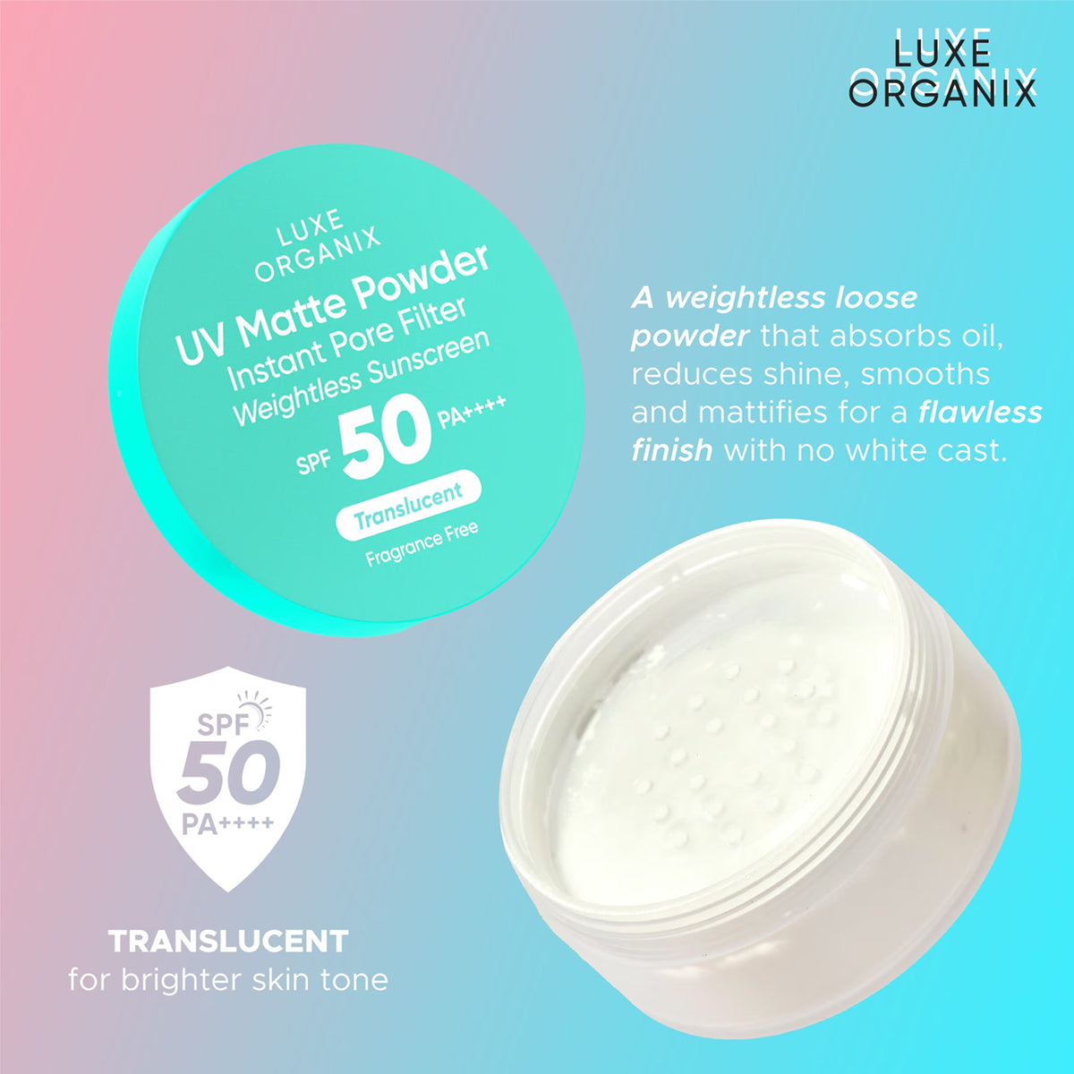 Luxe Organix 24H Zero Sebum Instant Pore Blurring Weightless Matte Powder Translucent - features
