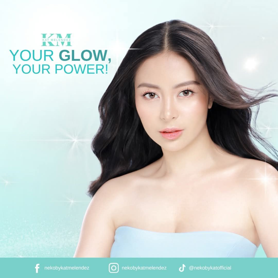 Woman with long dark hair and clear skin on a light blue background with 'KM Nekothione' branding.