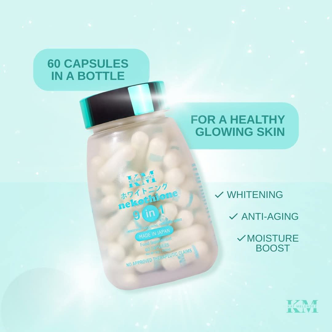 Nekothione Bottle of capsules with product features on a light blue background