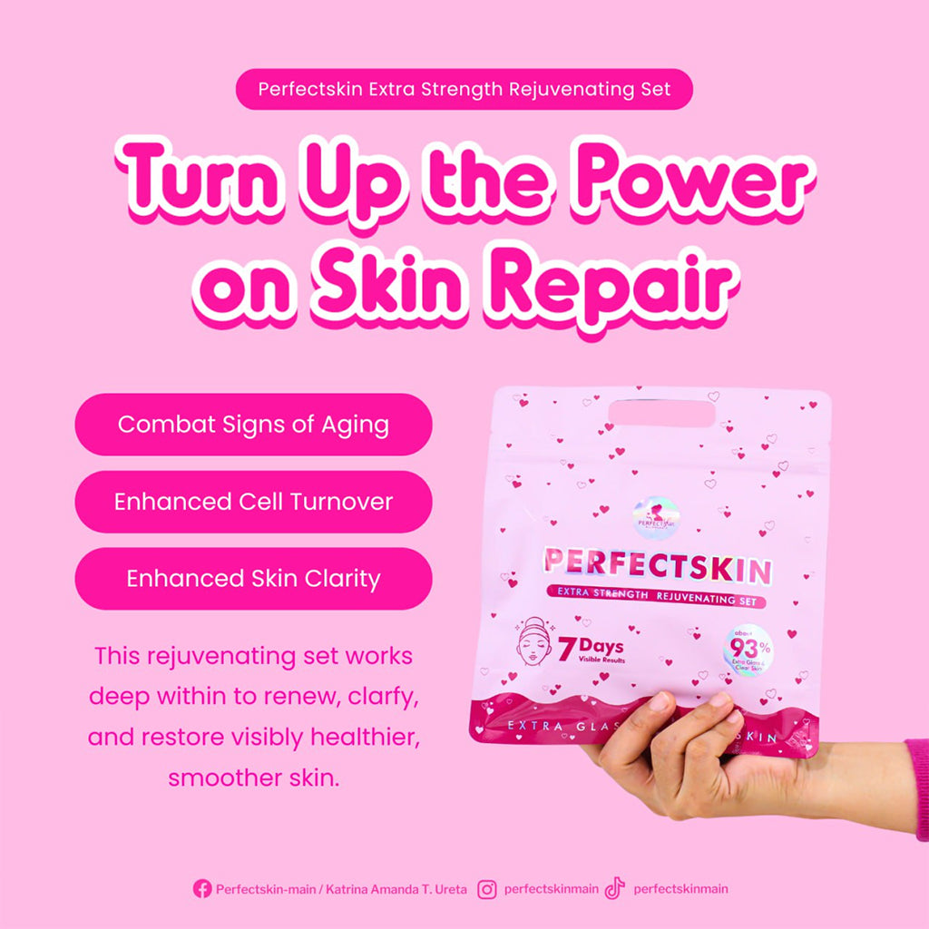 Perfect Skin Extra Strength Rejuvenating Set on a pink background with text highlighting product benefits.