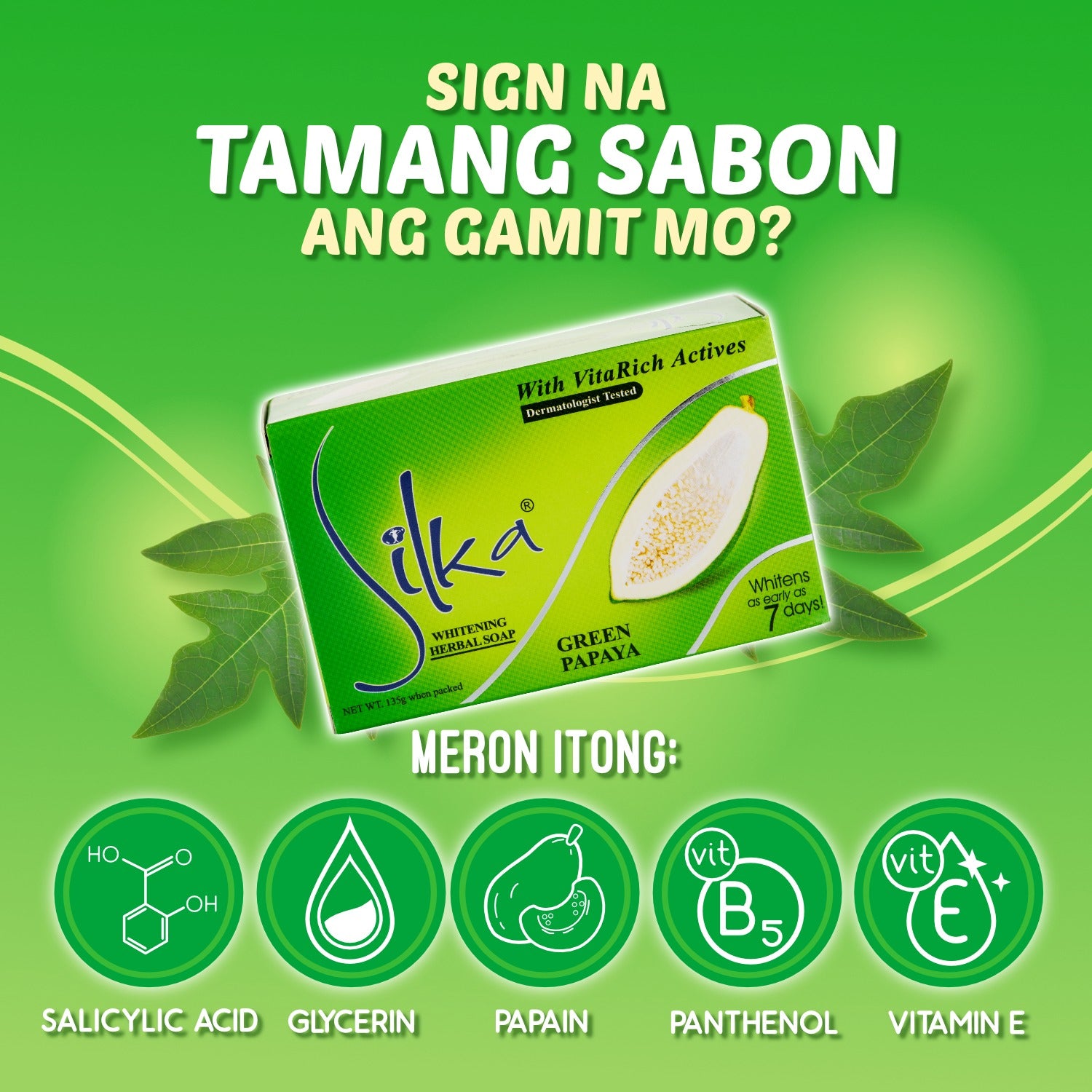 Silka Green Papaya Whitening Herbal Soap 135g - key ingredients