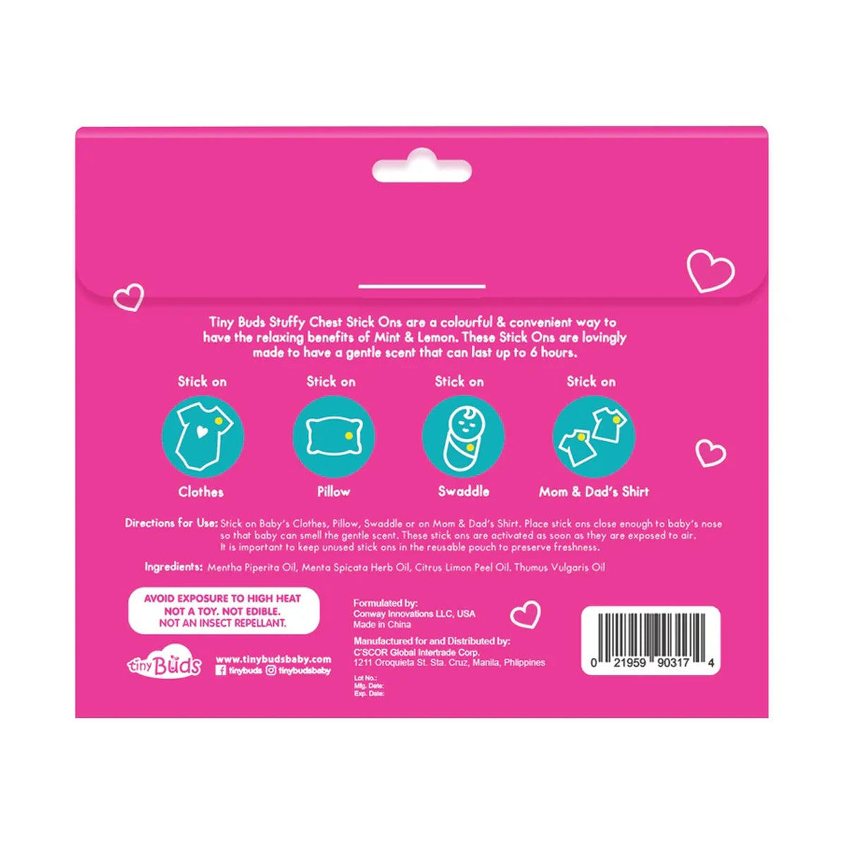 Tiny Buds Stuffy Chest Stick Ons (12 Stickers) - back packaging, ingredients and how to use