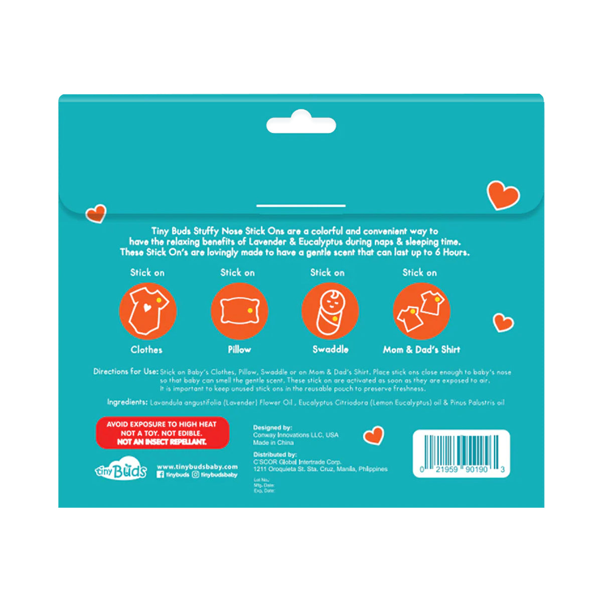 Tiny Buds Stuffy Nose Stick Ons (12 Stickers) - back packaging, ingredients and how to use