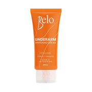 Orange tube of Belo Underarm Whitening Cream on a white background
