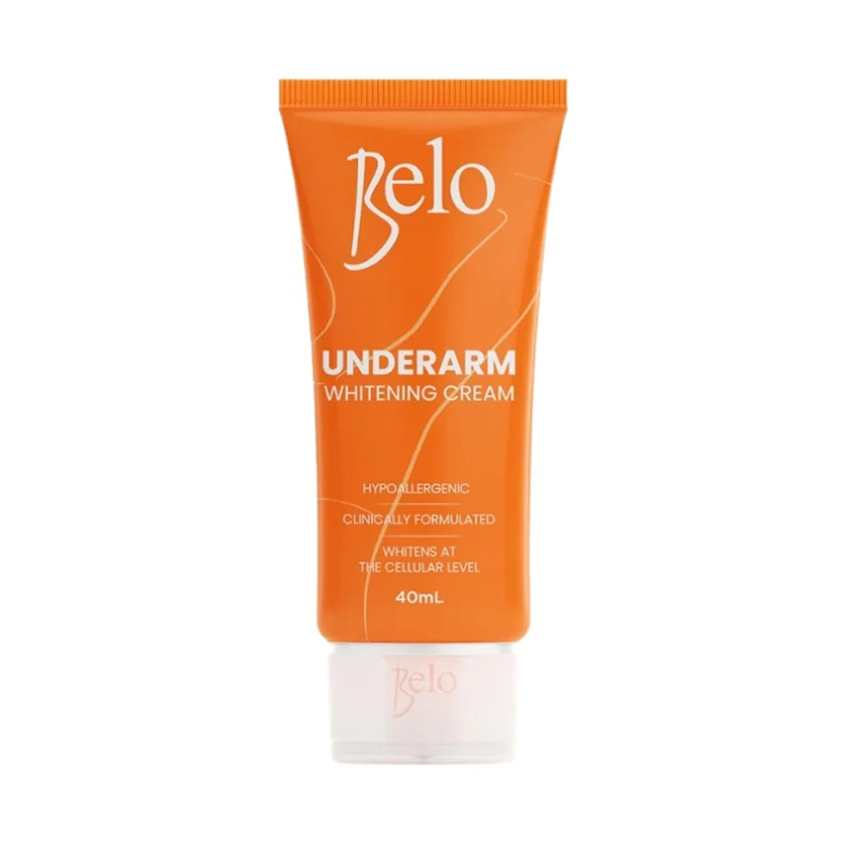 Orange tube of Belo Underarm Whitening Cream on a white background