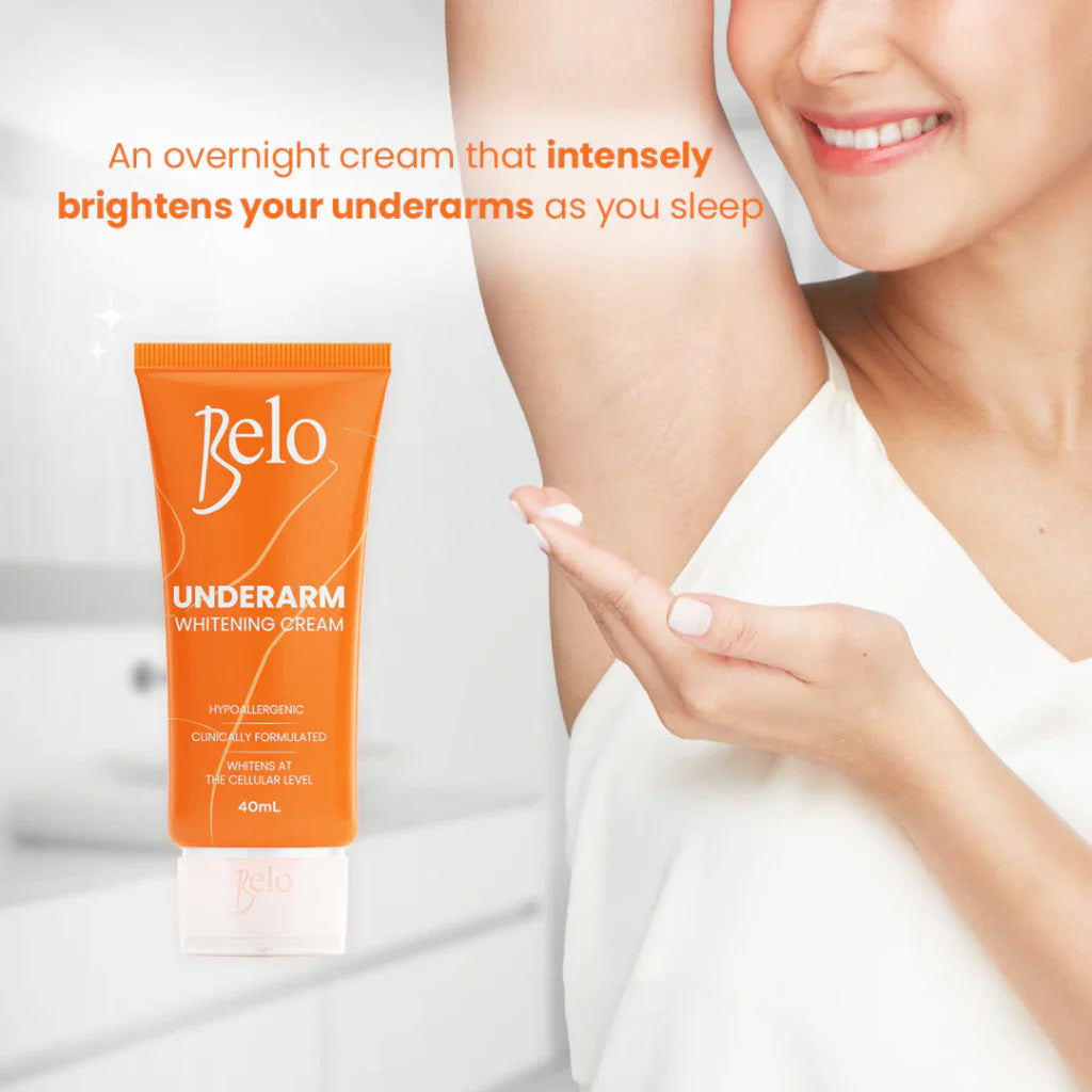 Belo underarm whitening cream packaging with a woman pointing to her underarm on a light background