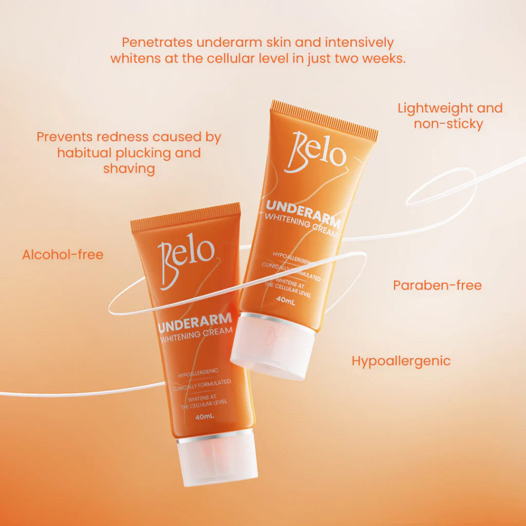 Belo underarm whitening cream with product features on an orange background