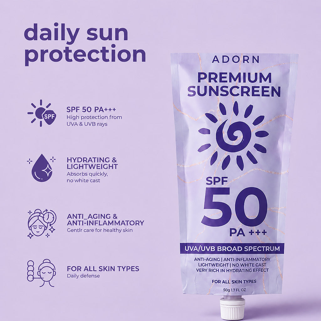 Key Benefits of Adorn by Calmskin Premium Sunscreen SPF 50 PA+++ 50g