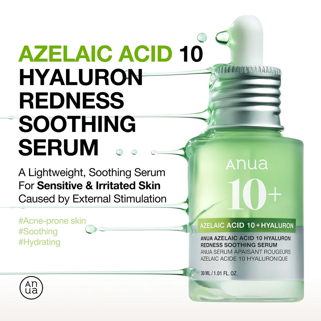 Anua Azelaic Acid 10 Hyaluron Redness Soothing Serum bottle with dropper on a white background