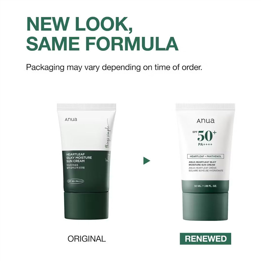 new packaging of Anua Heartleaf Silky Moisture Sun Cream SPF 50+ PA++++ 50ml