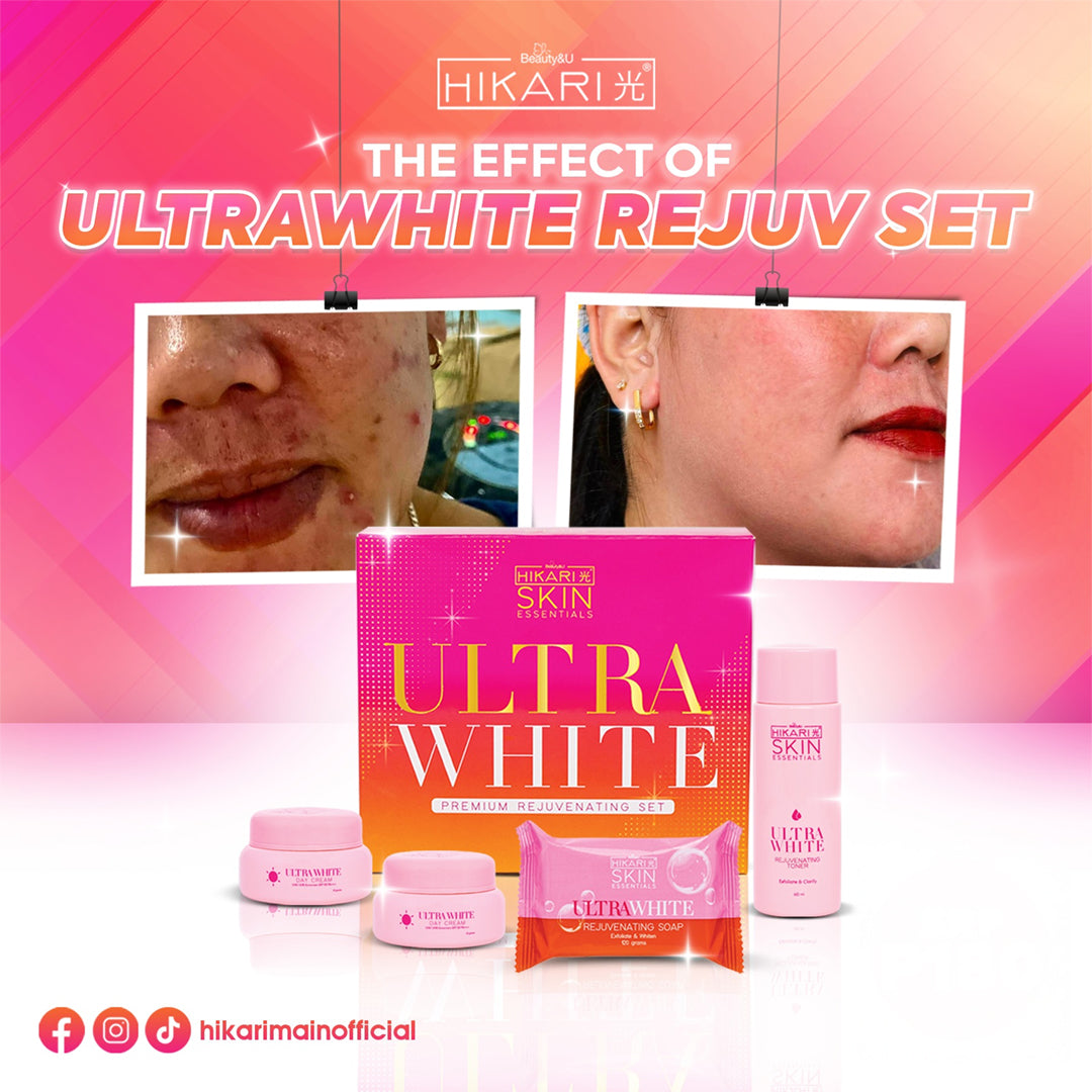 Hikari Ultra White Rejuv set with before and after skin comparisons on a pink gradient background.