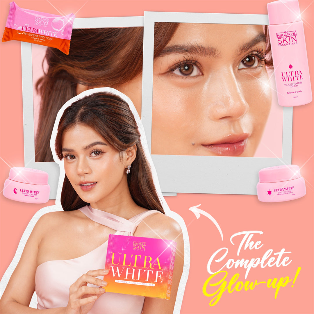 Woman holding Ultra White skincare products with close-up shots on a pink background