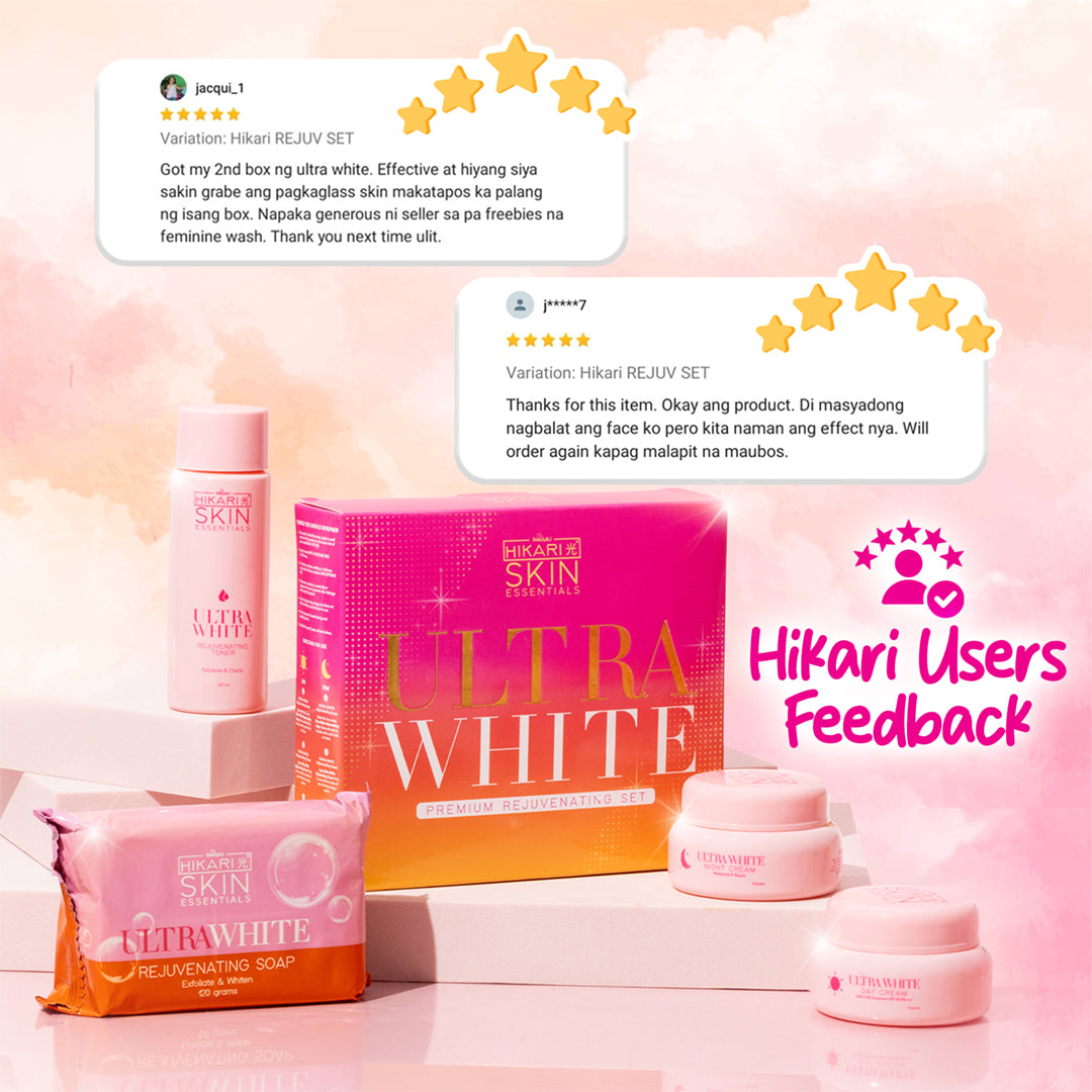 Hikari Ultra White skincare products with user feedback on a pink background