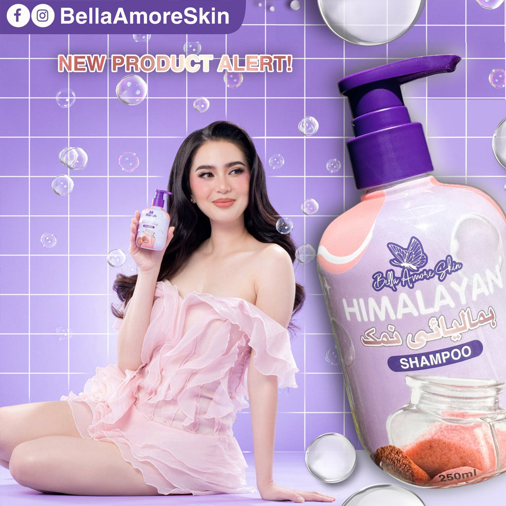 Woman holding a bottle of BellaAmoreSkin Himalayan Shampoo with product packaging and branding elements.