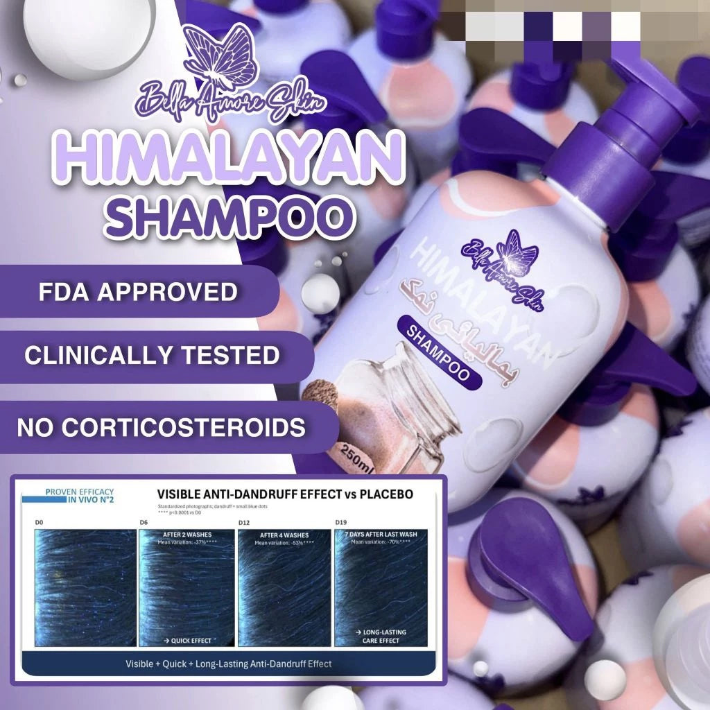 Himalayan shampoo bottles with visible anti-dandruff effect on a white background