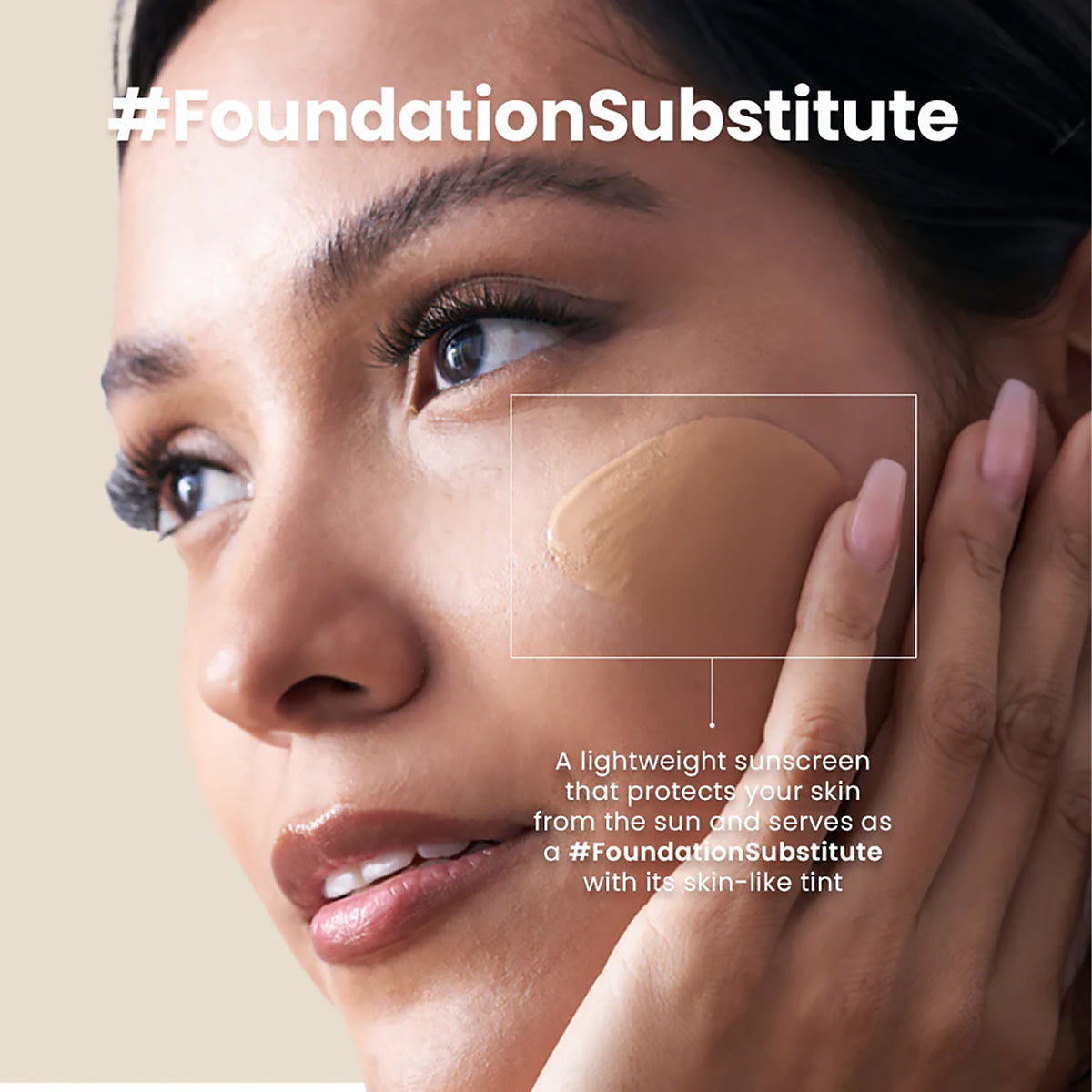 Woman applying a Belo Tinted Sunscreen to her face with text about a foundation substitute.