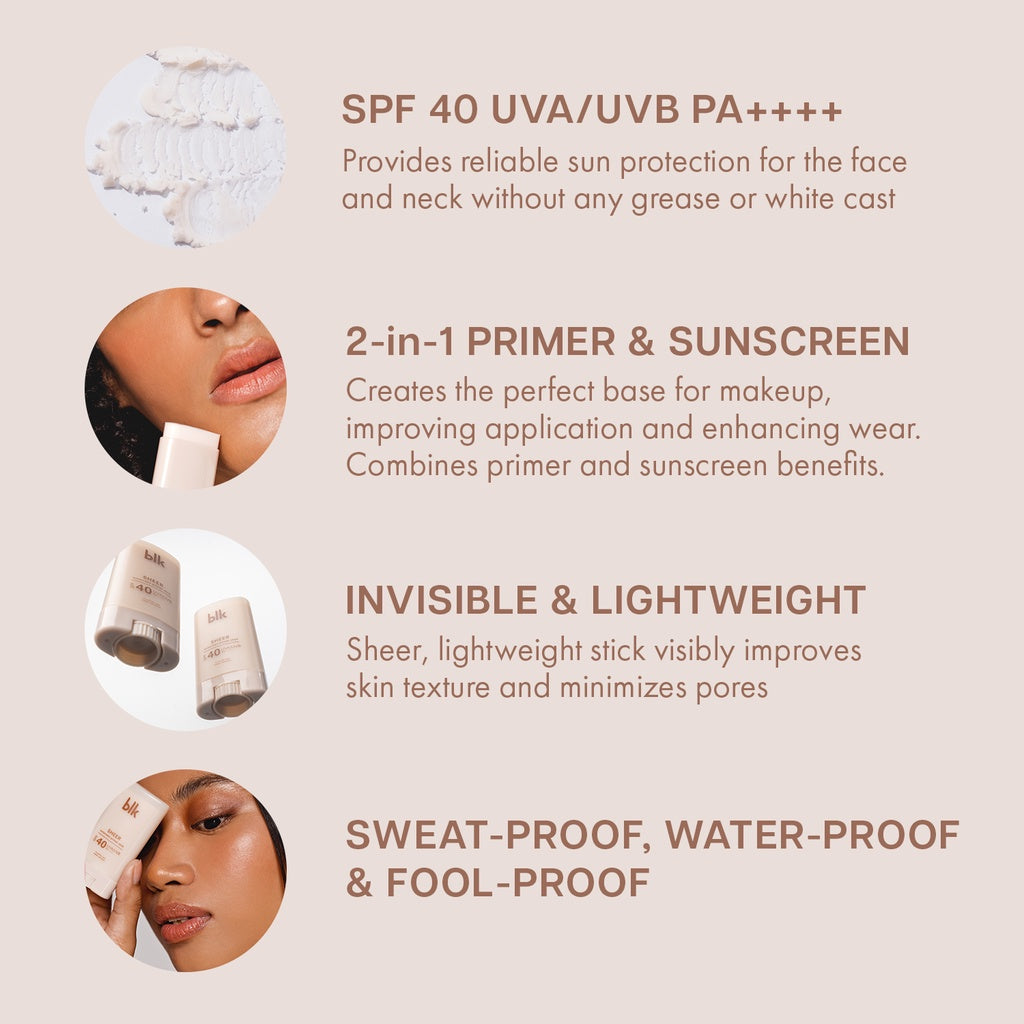 BLK Cosmetics Universal Sheet Sunscreen Primer Stick SPF40 NZ AU - features