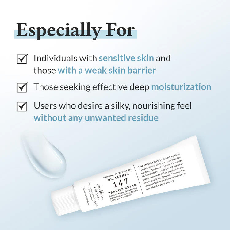 Dr. Althea 147 Barrier Cream 50ml with text highlighting its benefits on a light blue background