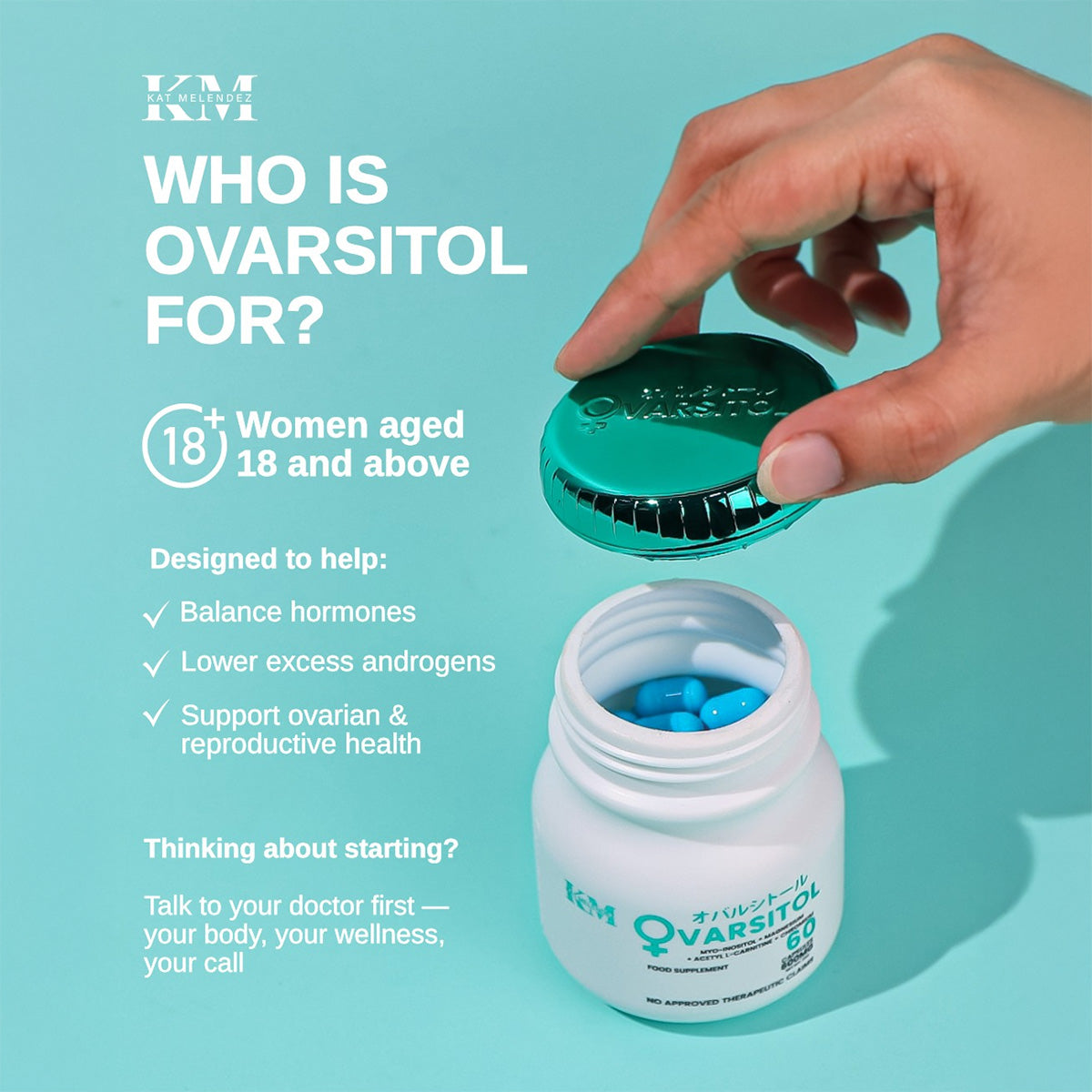 Ovarsitol supplement bottle with a hand opening it on a light blue background, featuring KM branding.
