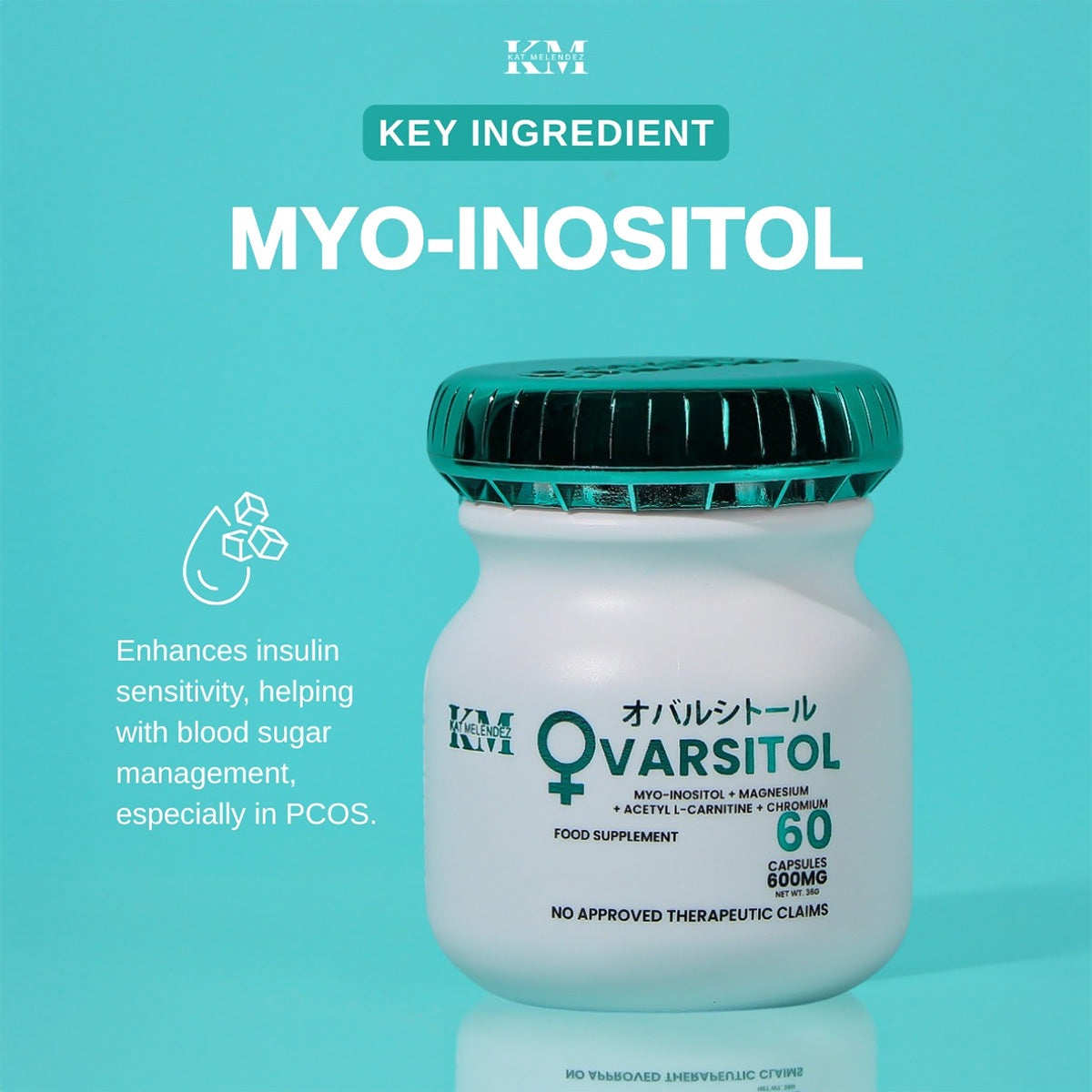 Kat Melendez Ovarsitol 600mg 60 Capsules, highlighting MYO-INOSITOL.