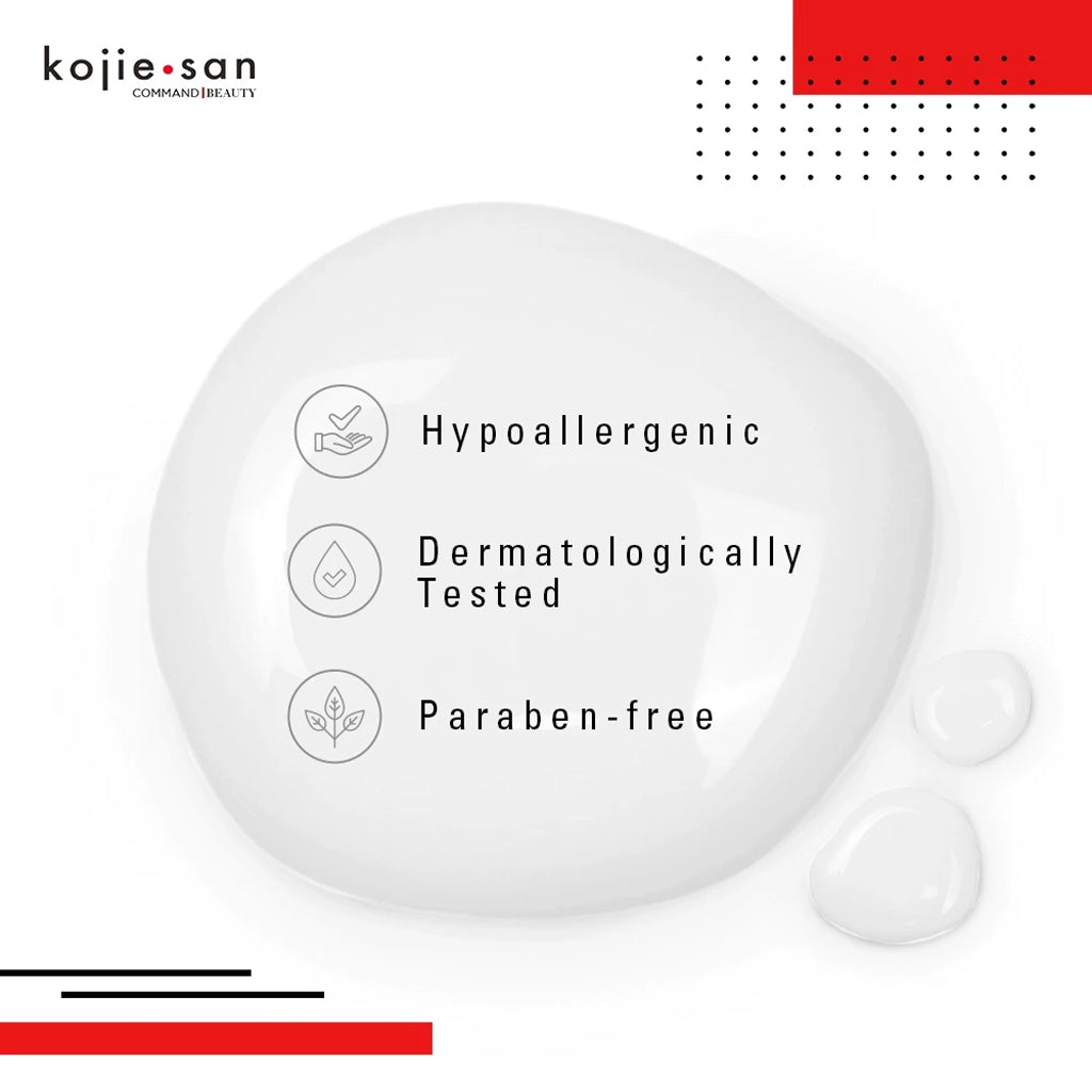 Kojiesan product with hypoallergenic, dermatologically tested, and paraben-free text on a white background.