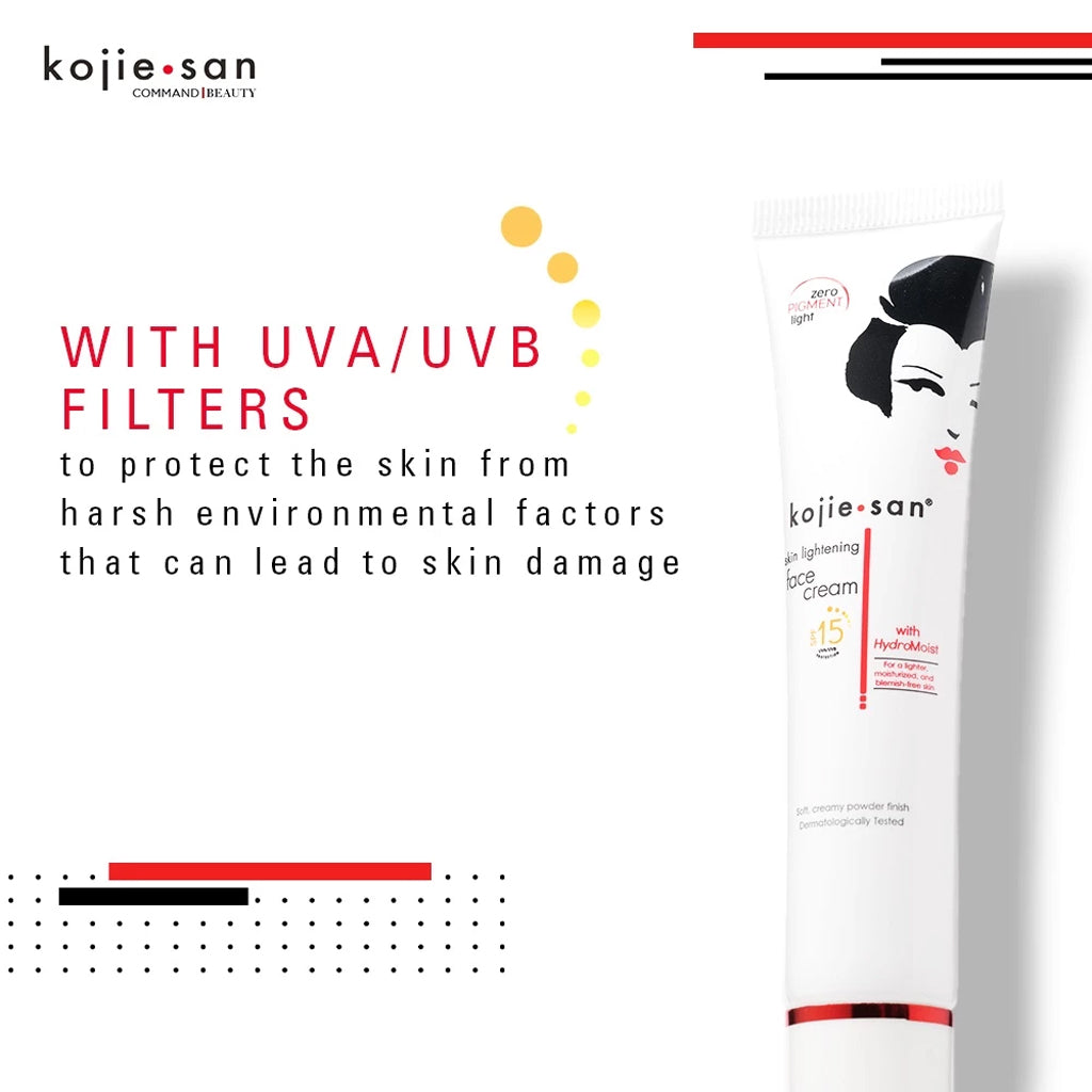 Kojie San Skin Lightening Face Cream SPF 15 with UVA/UVB filters on a white background