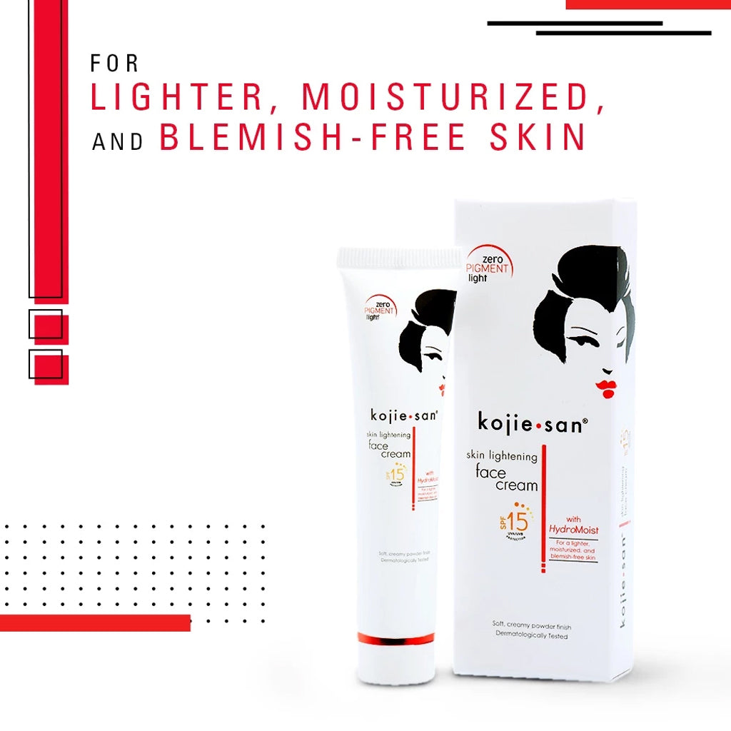 Kojie San skin lightening face cream packaging on a white background with red accents.