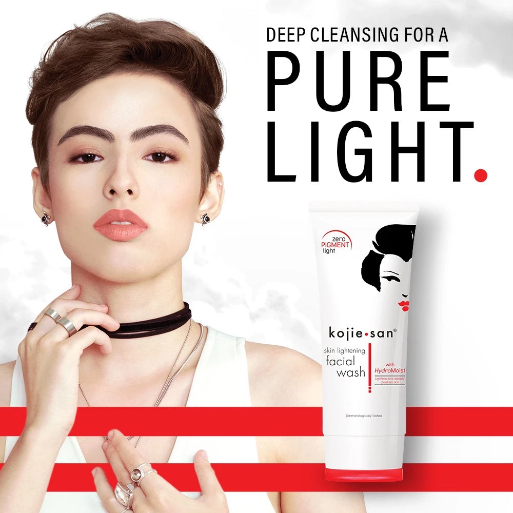 Kojie San facial wash with a model and product packaging.