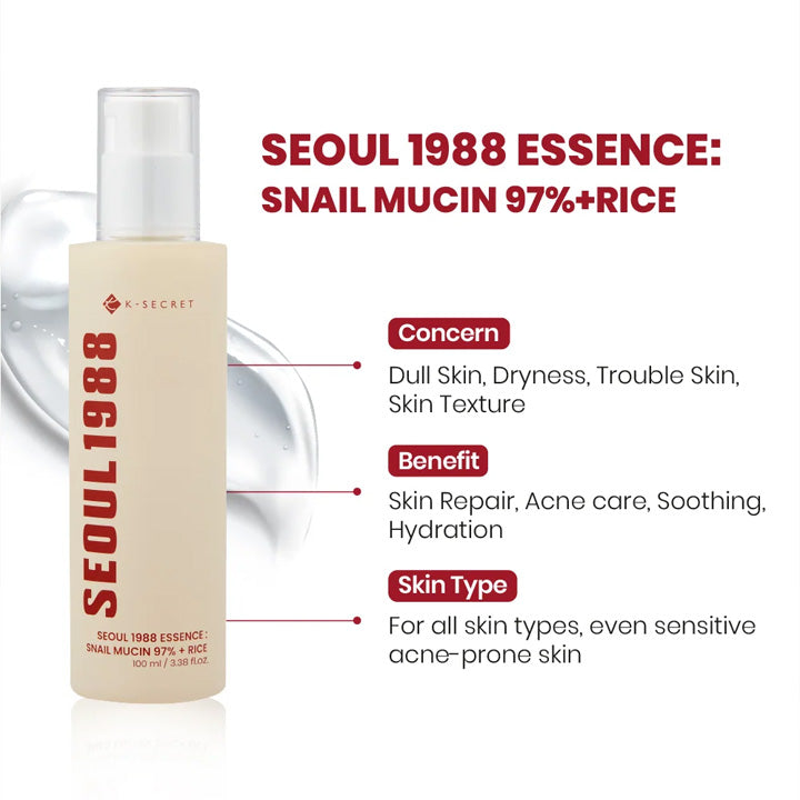 Info about K-SECRET SEOUL 1988 Essence : Snail Mucin 97% + Rice 100ml