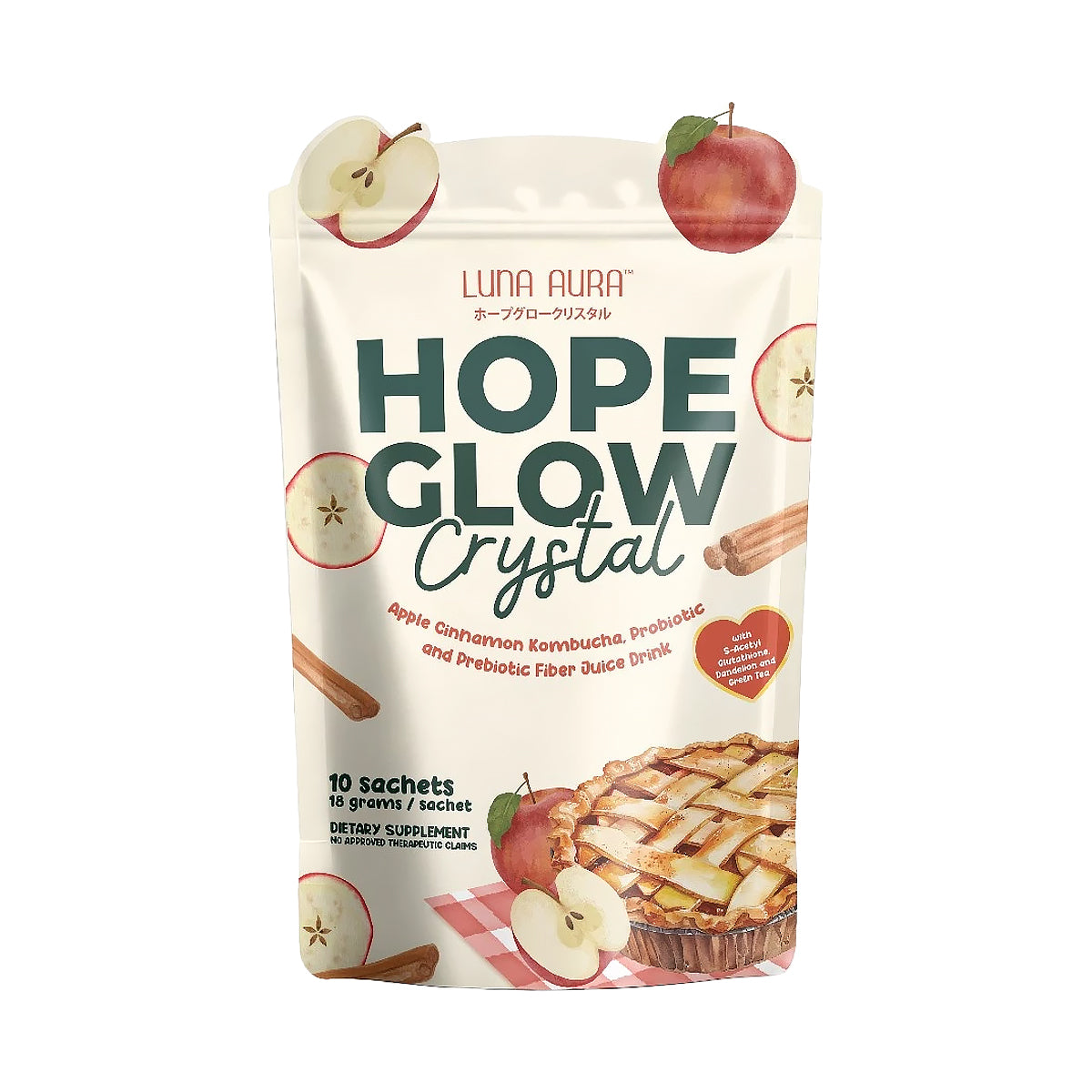 Luna Aura Hope Glow Crystal Apple Cinnamon Kombucha, Probiotic and Prebiotic Fiber Juice Drink