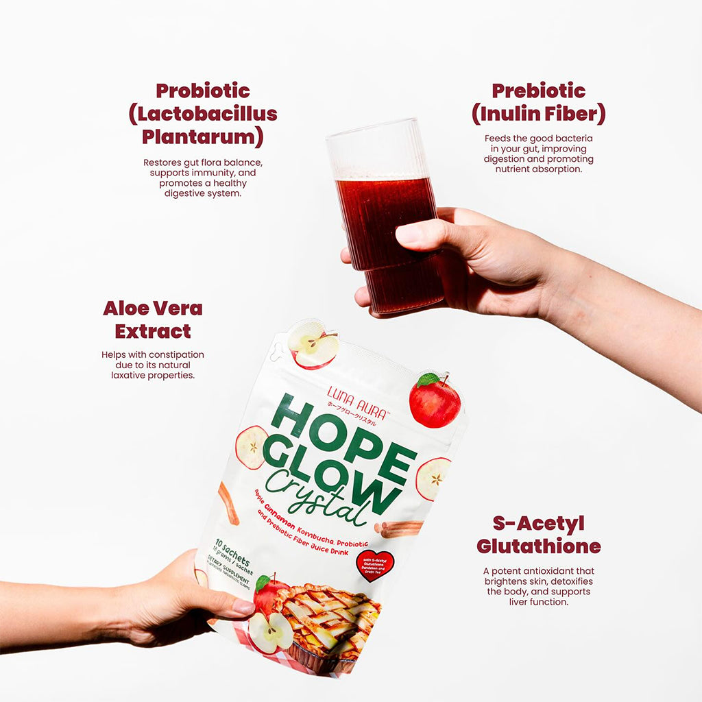 Luna Aura Hope Glow Crystal Apple Cinnamon Kombucha, Probiotic and Prebiotic Fiber Juice Drink