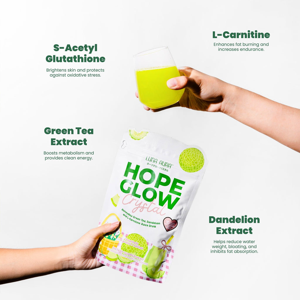luna glutathione Luna Aura Hope Glow Crystal Honeydew Green Tea Juice Drink – Bini Beauty