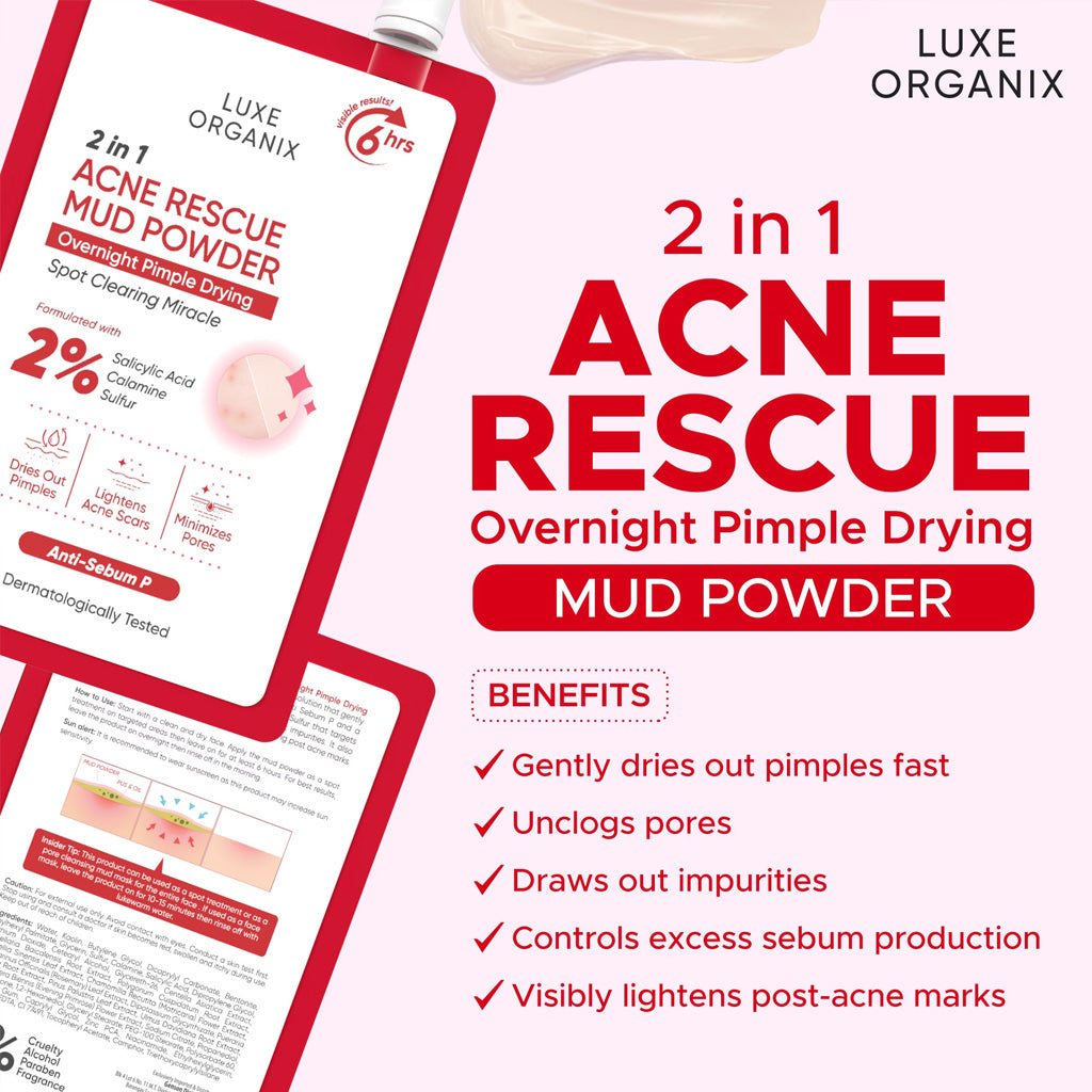 Luxe Organix 2-in-1 Acne Rescue Mud Powder Overnight Pimple Drying 9g