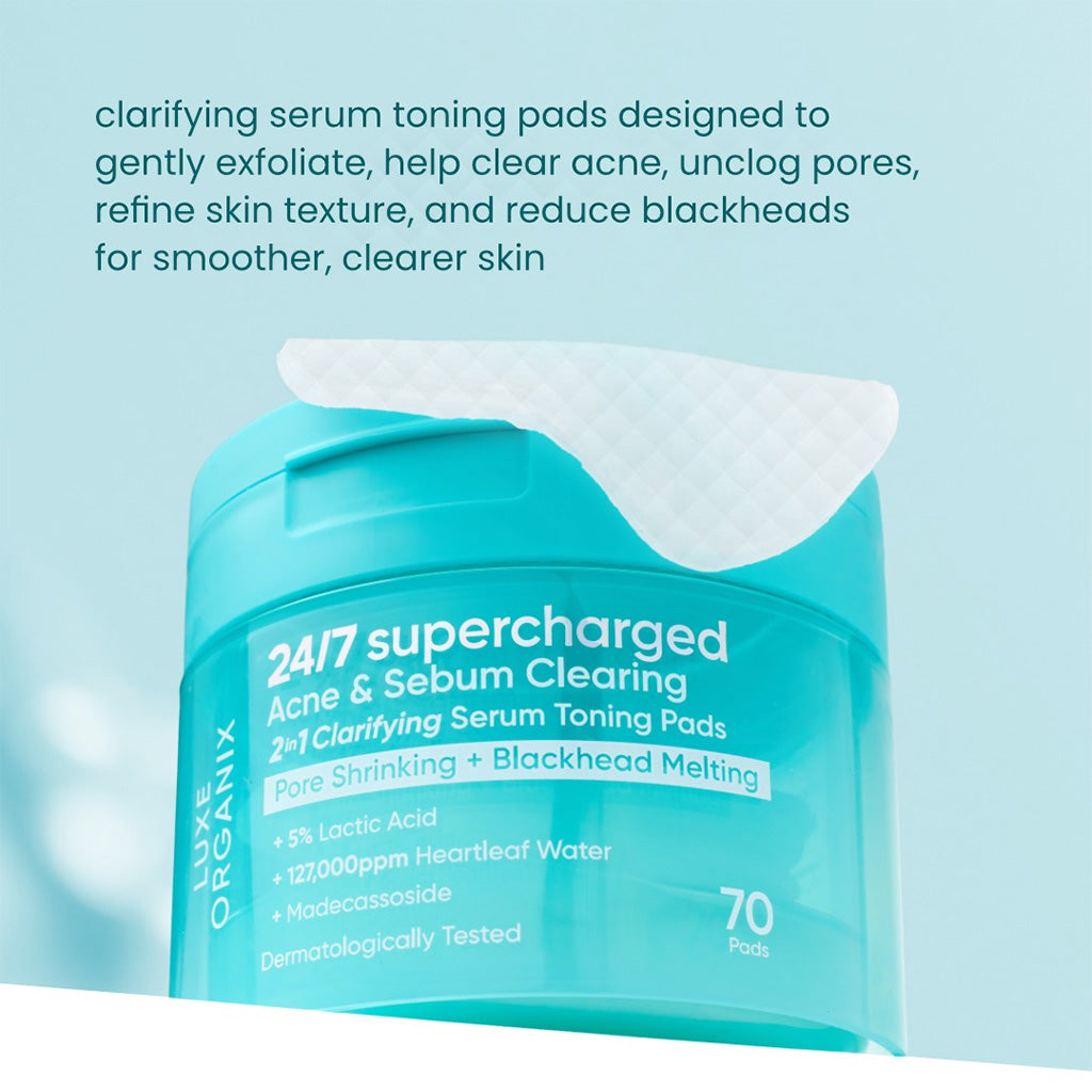 Luxe Organix 24/7 Supercharged Acne & Sebum Clearing 2in1 Clarifying Serum Toning Pads 70s