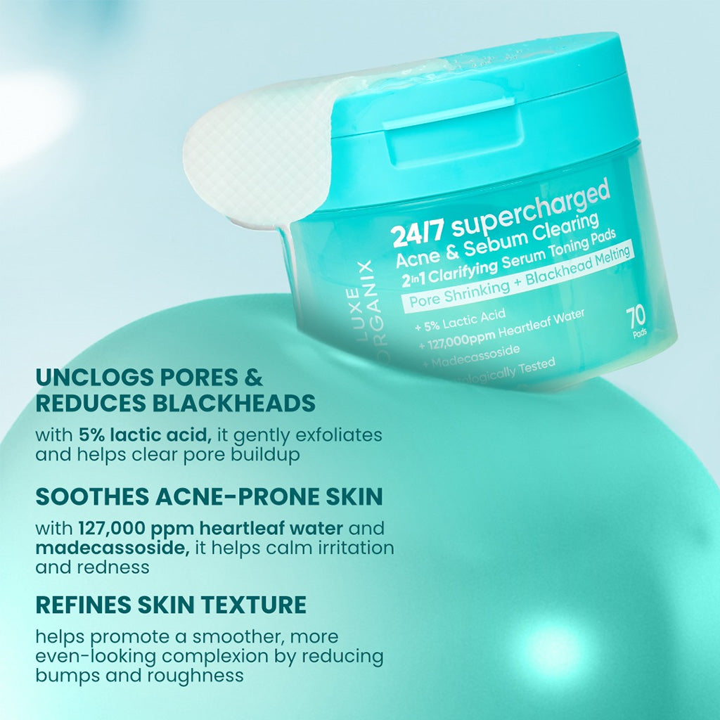 Key Benefits of Luxe Organix 24/7 Supercharged Acne & Sebum Clearing 2in1 Clarifying Serum Toning Pads 70s