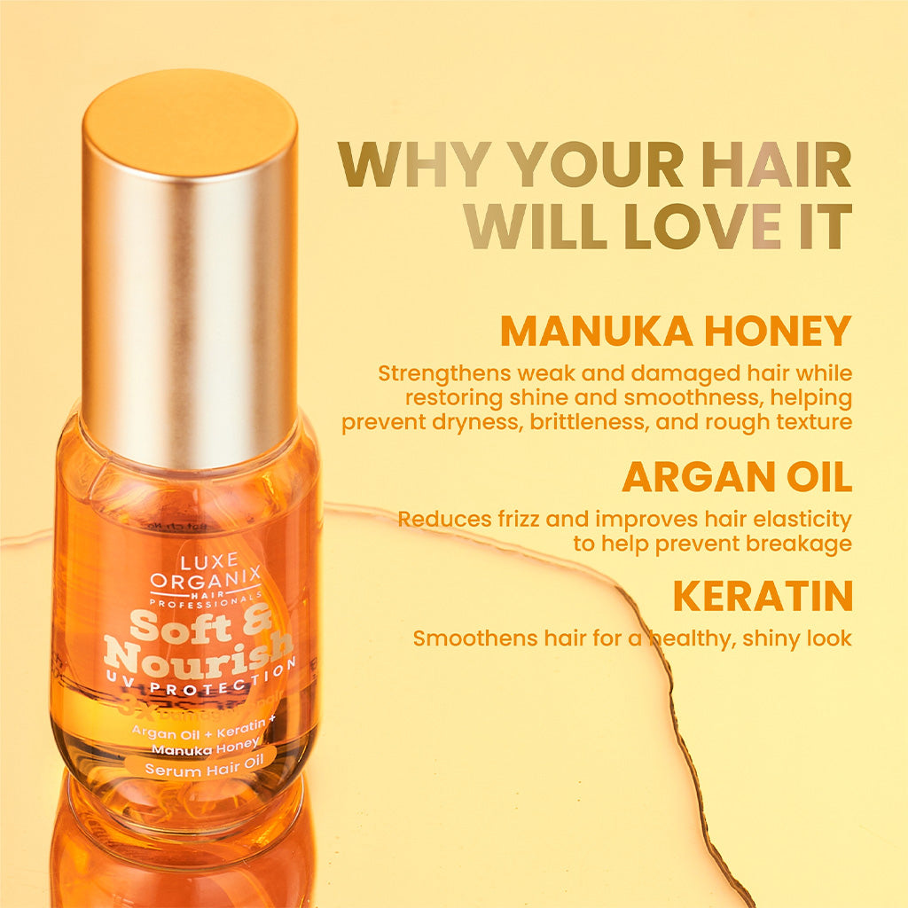 Key Ingredients of Luxe Organix Soft & Nourish UV Protection 3X Damage Repair Serum Hair Oil 60ml