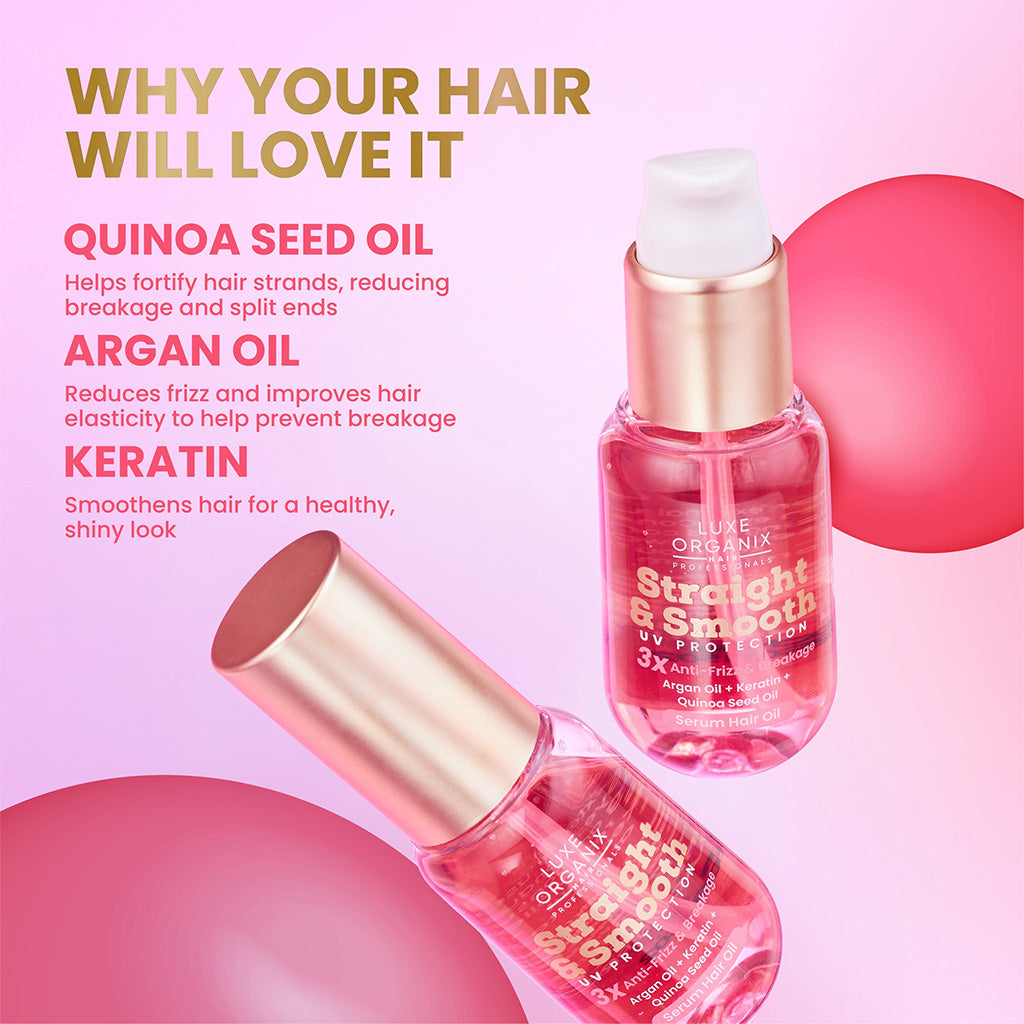 Key Ingredients of Luxe Organix Straight & Smooth UV Protection 3x Anti-Frizz Serum Hair Oil 60ml